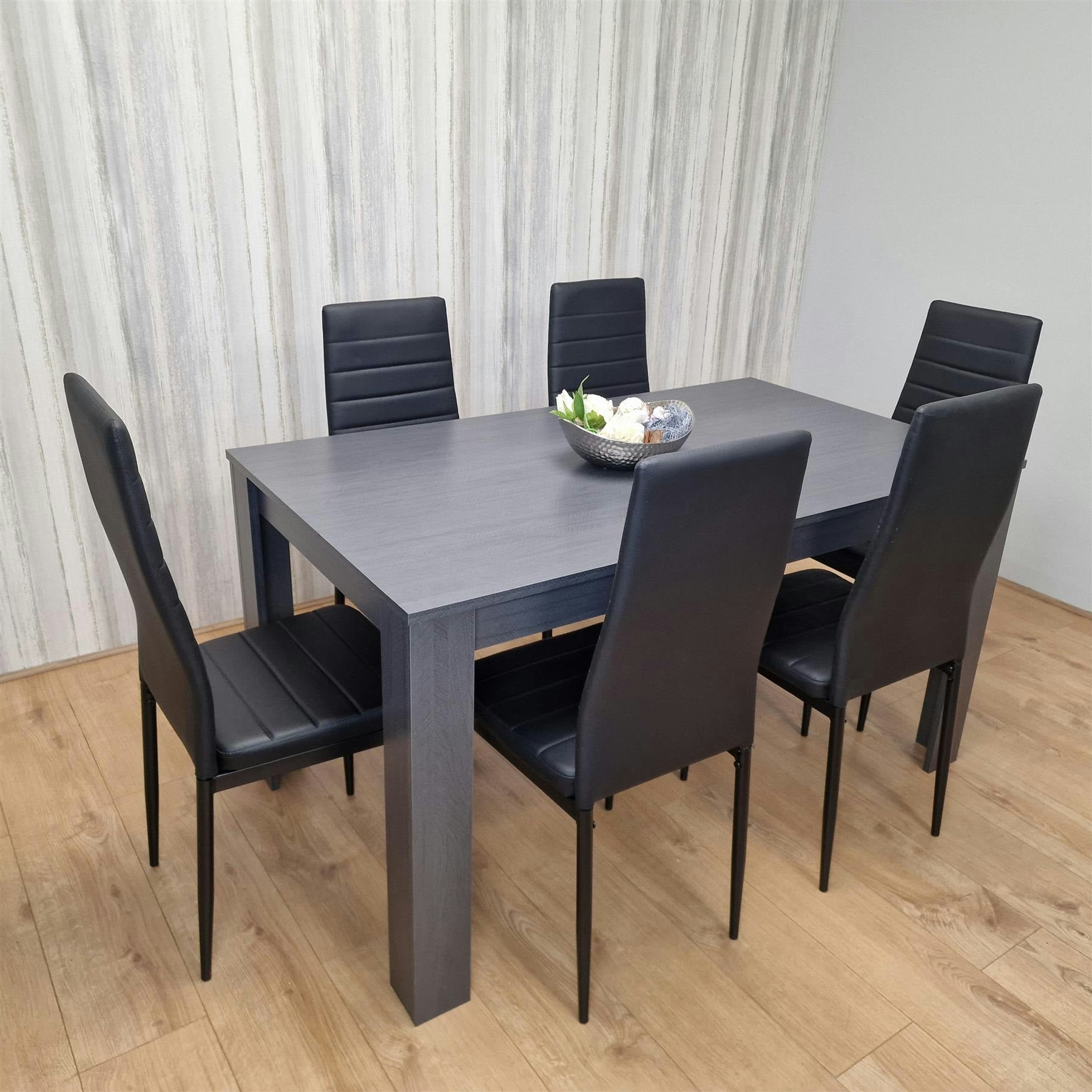B&Q - Dining Table And 6 Chairs Black Dark Grey 6 Black Leather Chairs Wood Dining Set Furniture - Image 5