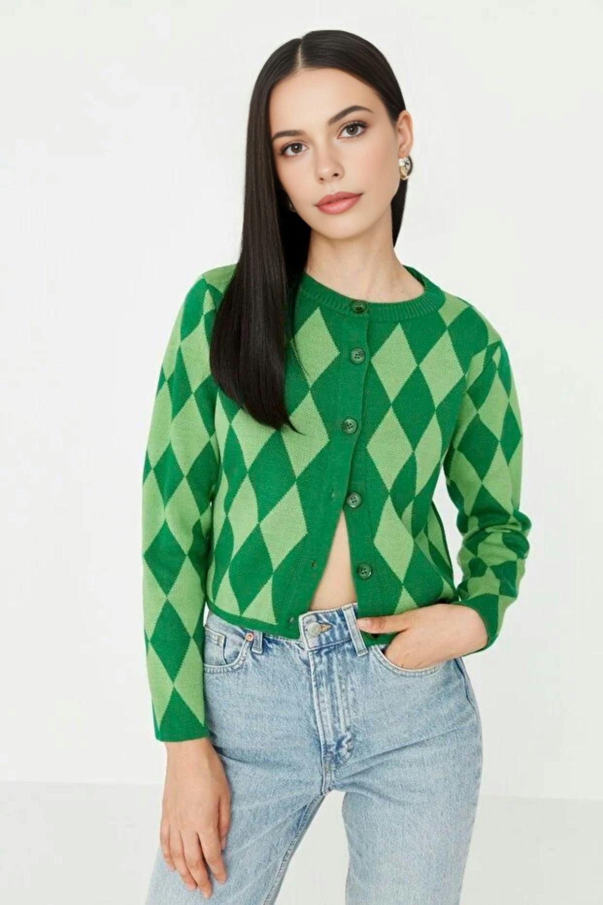 Wovcor Green Crop Patterned Knit Cardigan - M