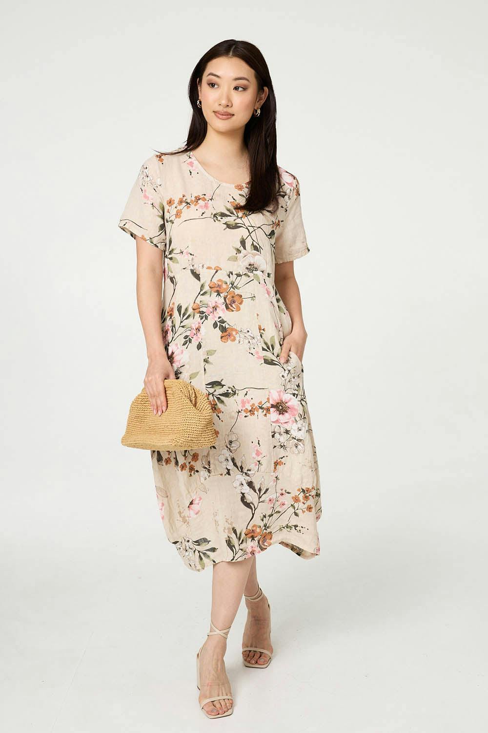 Izabel London Floral Short Sleeve Oversized Midi Dress - 14 - Linen