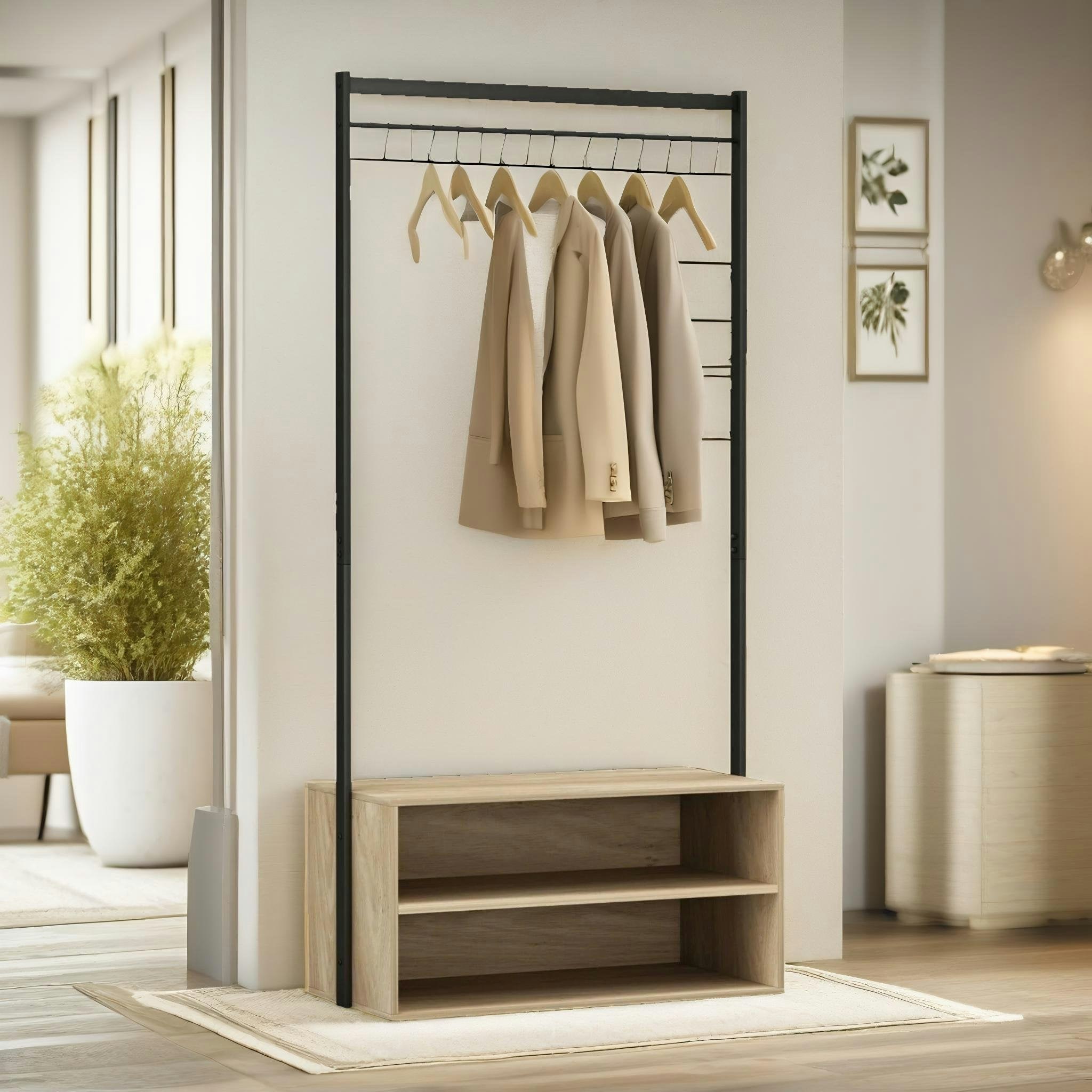 Rackhams Hallway Coat Rack Stand With 2 Storage Shelves Oak