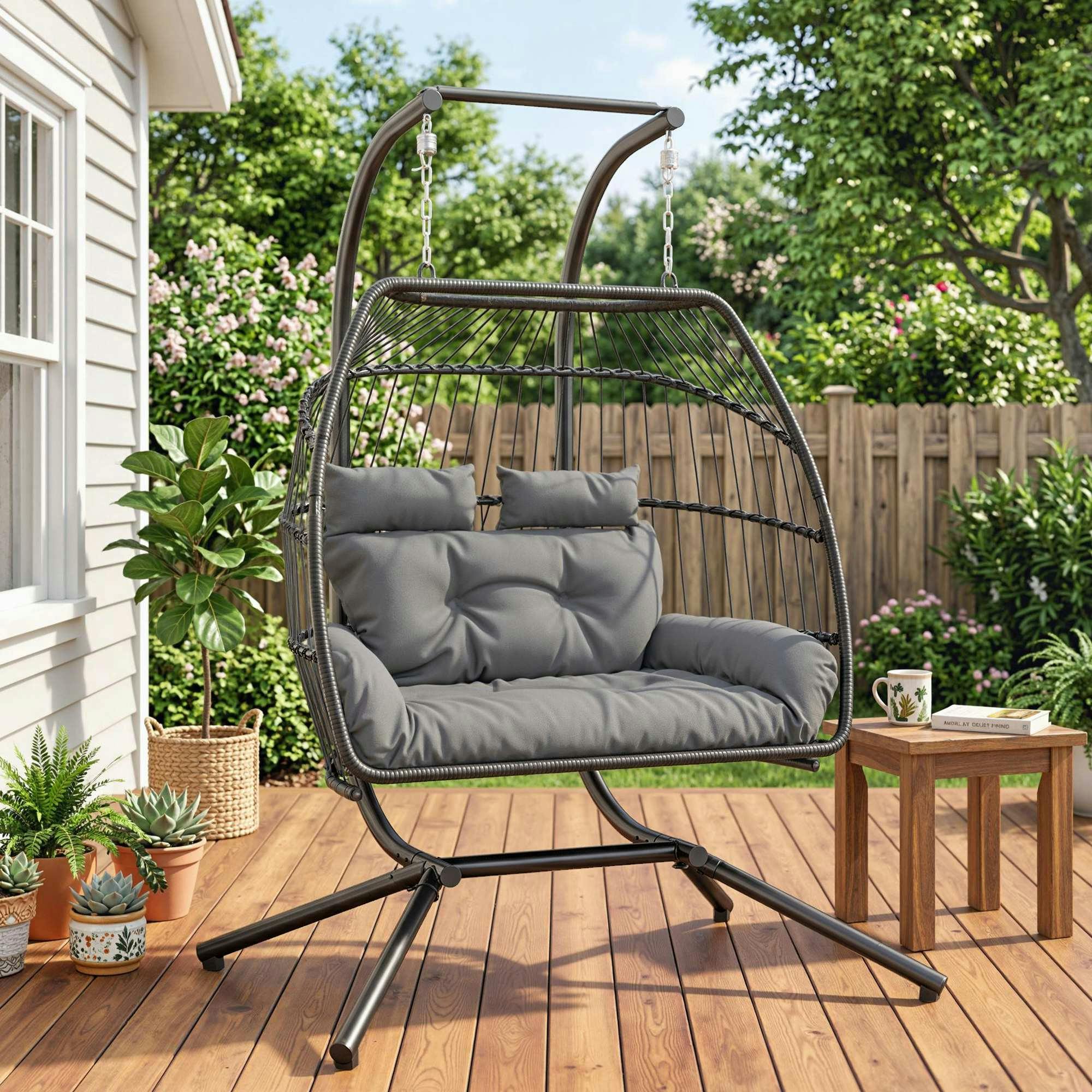 Rackhams Dark/Grey Rattan Double Hanging Egg Chair With Stand, Cushion,