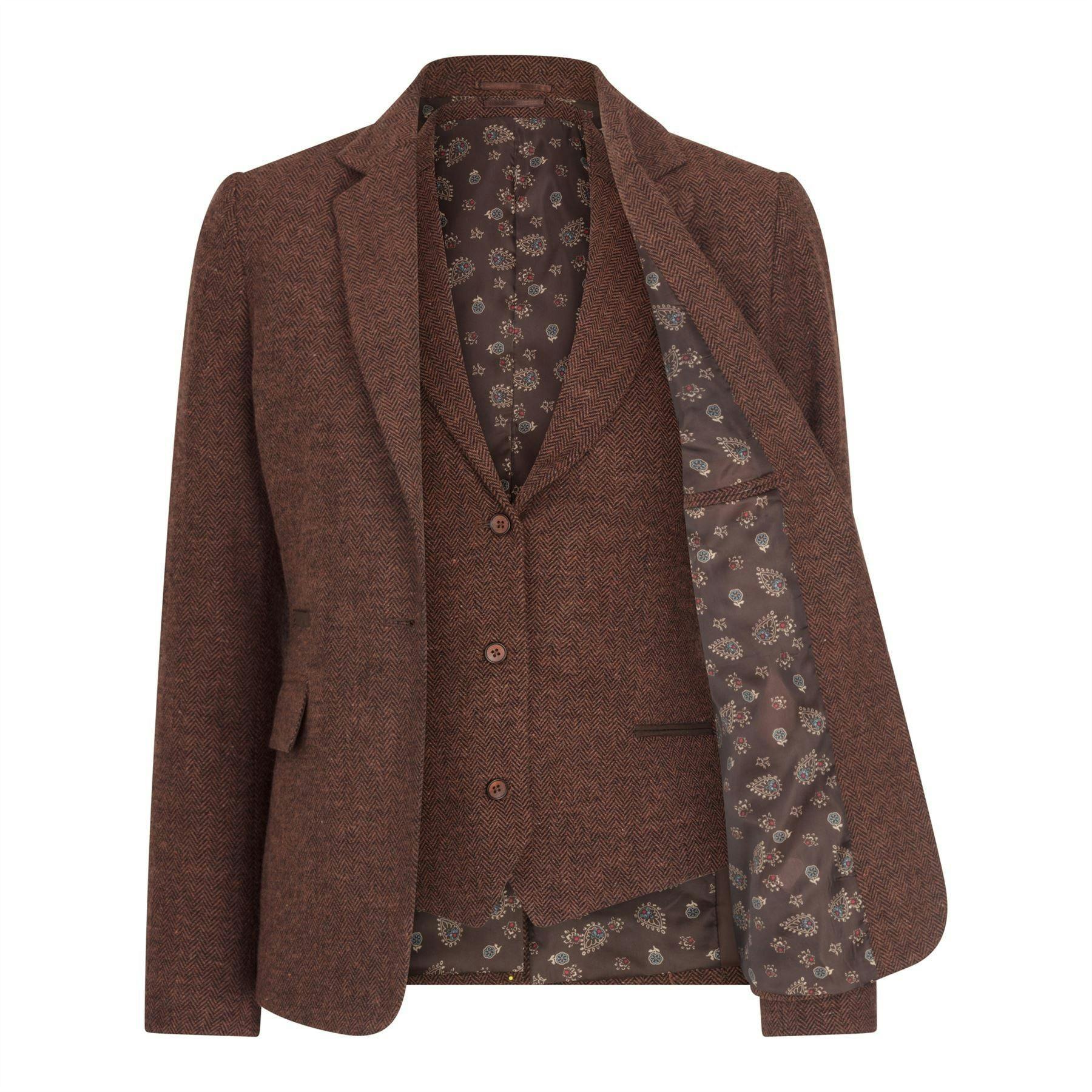 Truclothing Women's Brown Rust 2 Piece Set Herringbone Wool Tweed Check Blazer Waistcoat - Rust - Uk L/14 | Eu 40 | Us 10