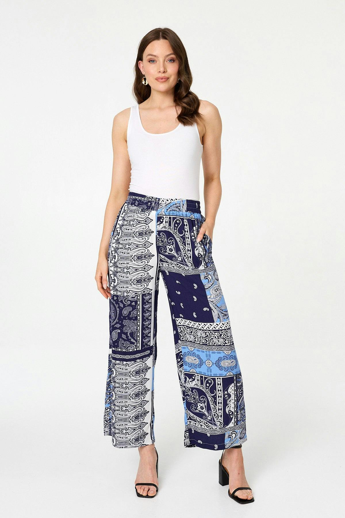 Izabel London Patchwork Print Wide Leg Trousers - 14 - Navy