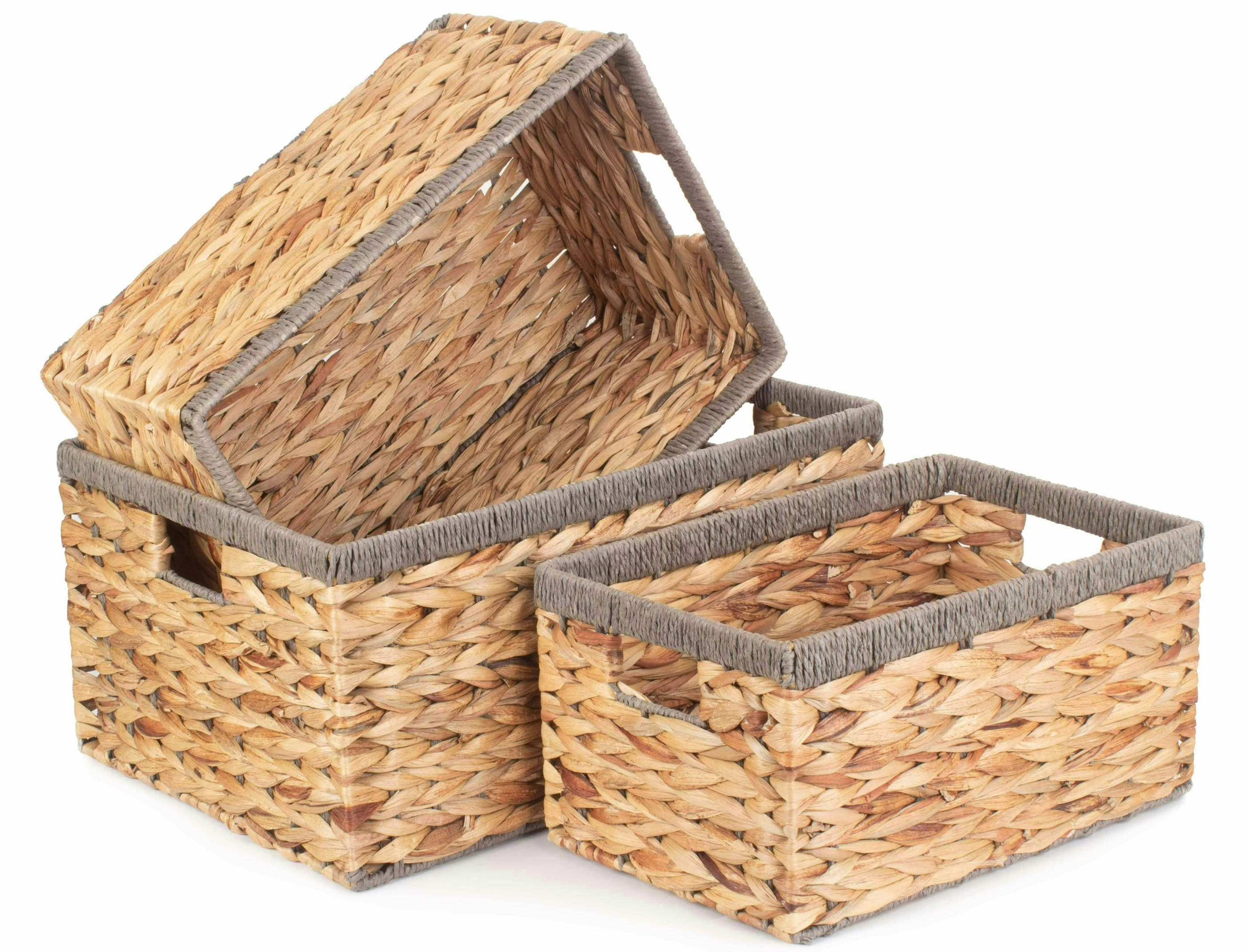 Rackhams Grey Water Hyacinth With Rope Border Rectangular Storage Basket - Set Of 3