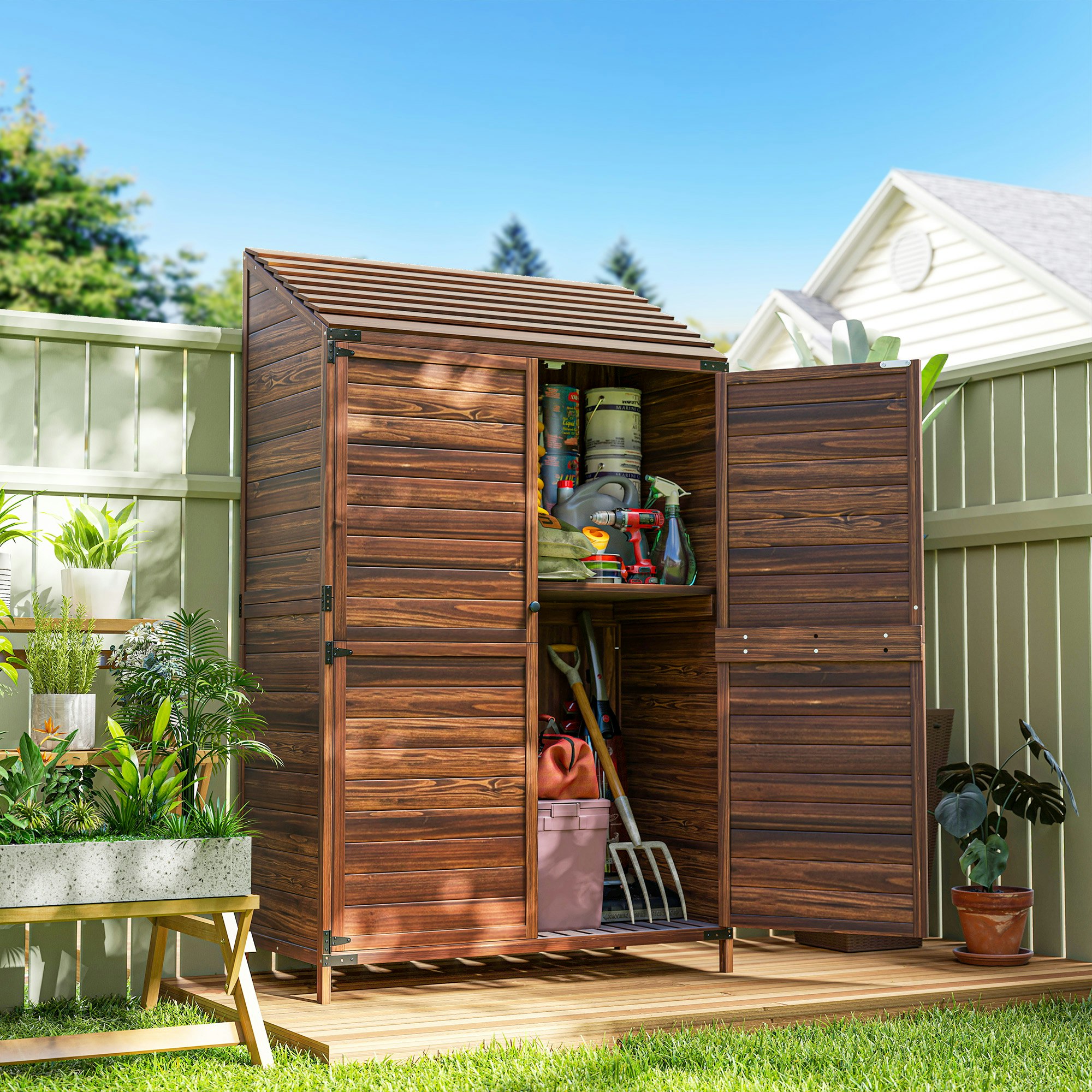 Rackhams Brown Wooden Garden Storage Shed W/Double Doors And Shelves, Mixed