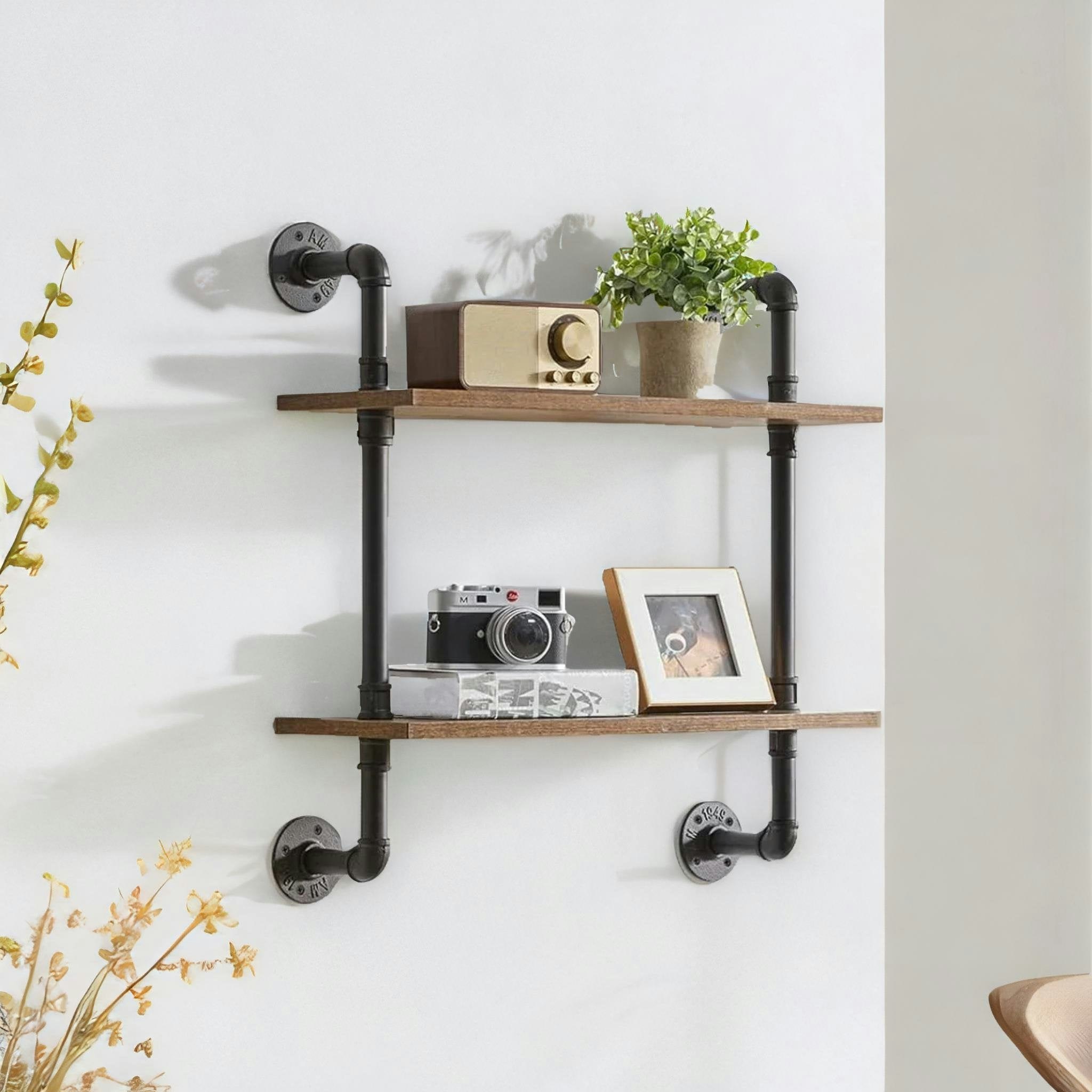 Rackhams Black Industrial Pipe Wall-Mounted 2 Tier Floating Shelves