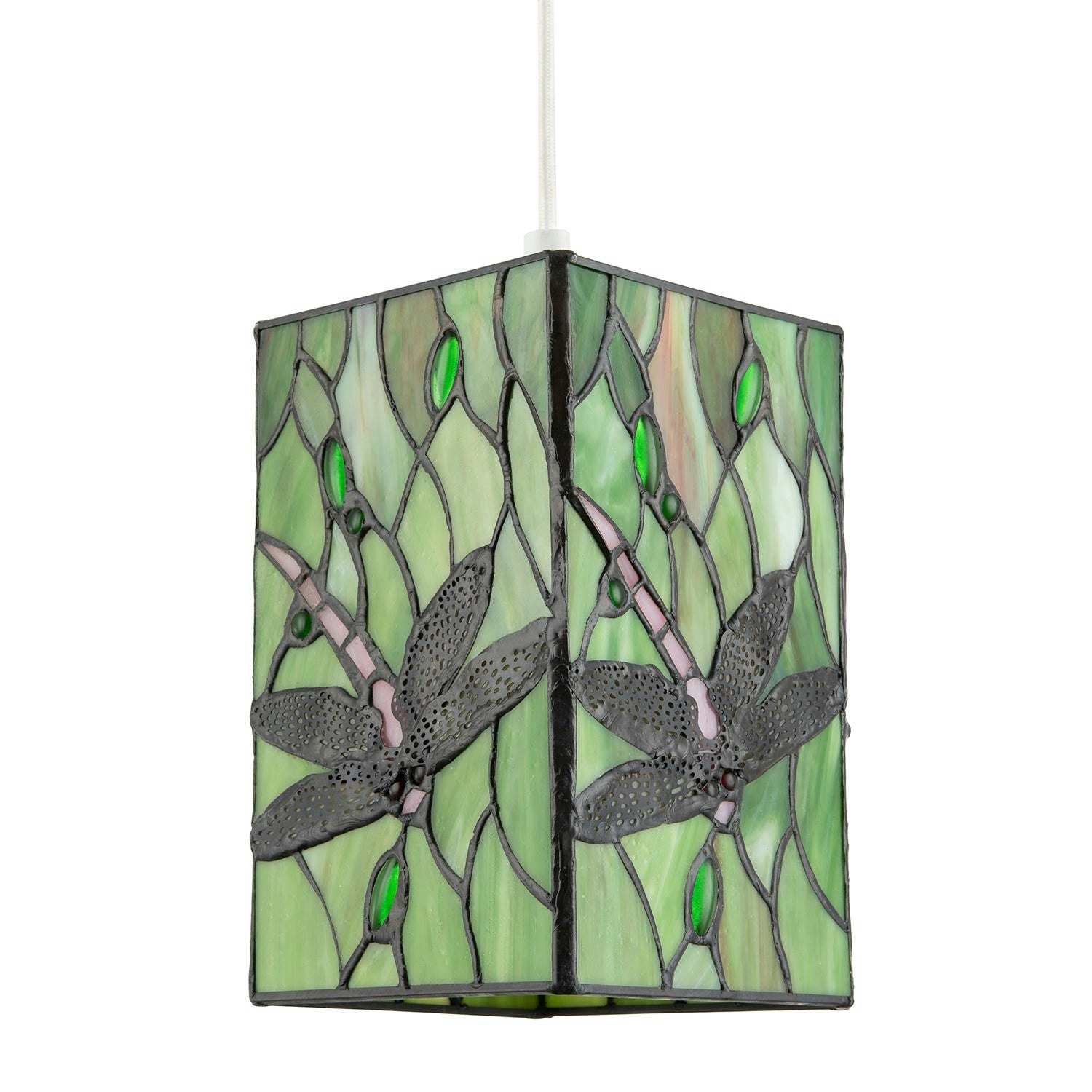 Happy Homewares Green/Light Stained Glass Dragonfly Rectangular Tiffany Pendant Shade