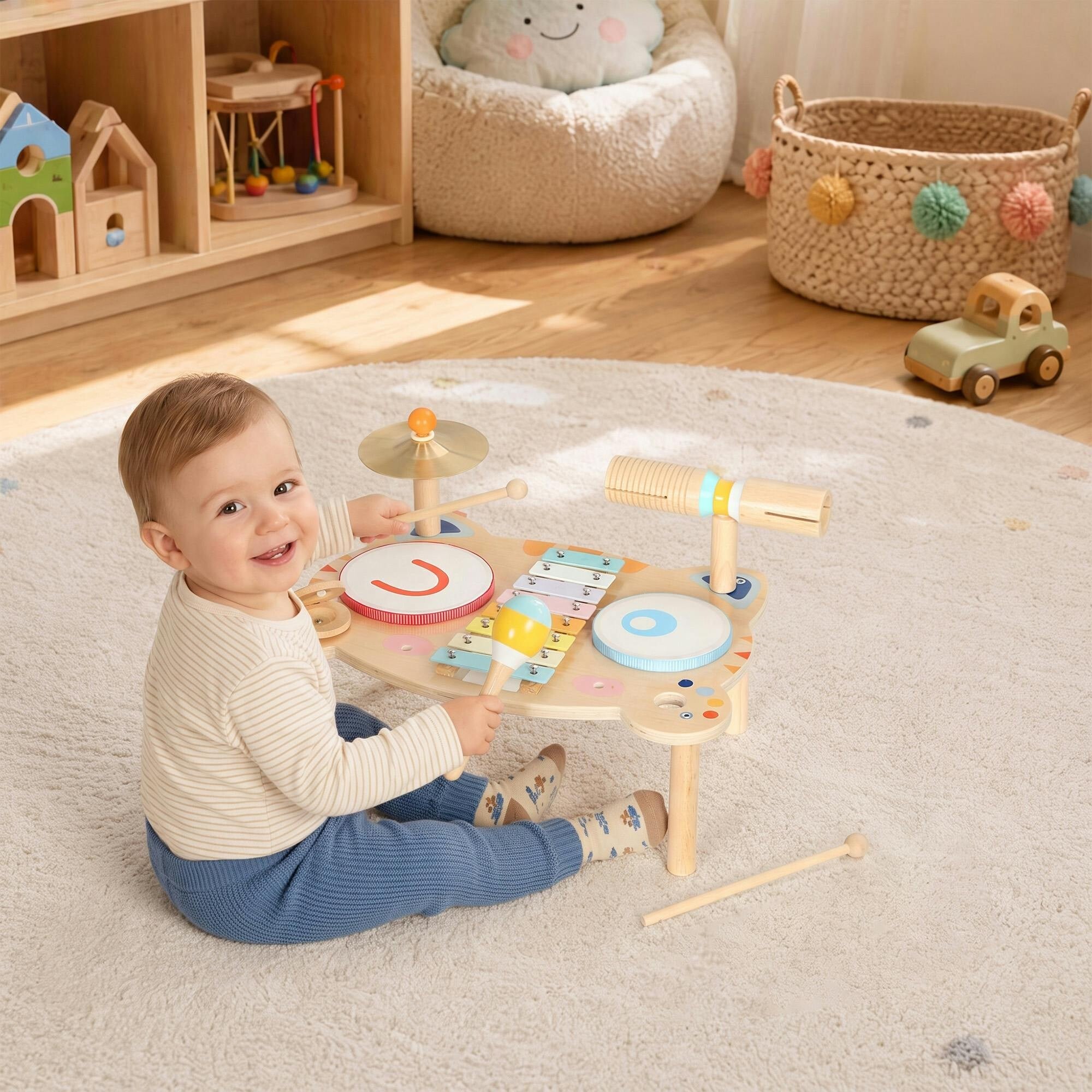 Aiyaplay Kids Drum Kit, Wooden Musical Instruments For 18M-6Years, Natural