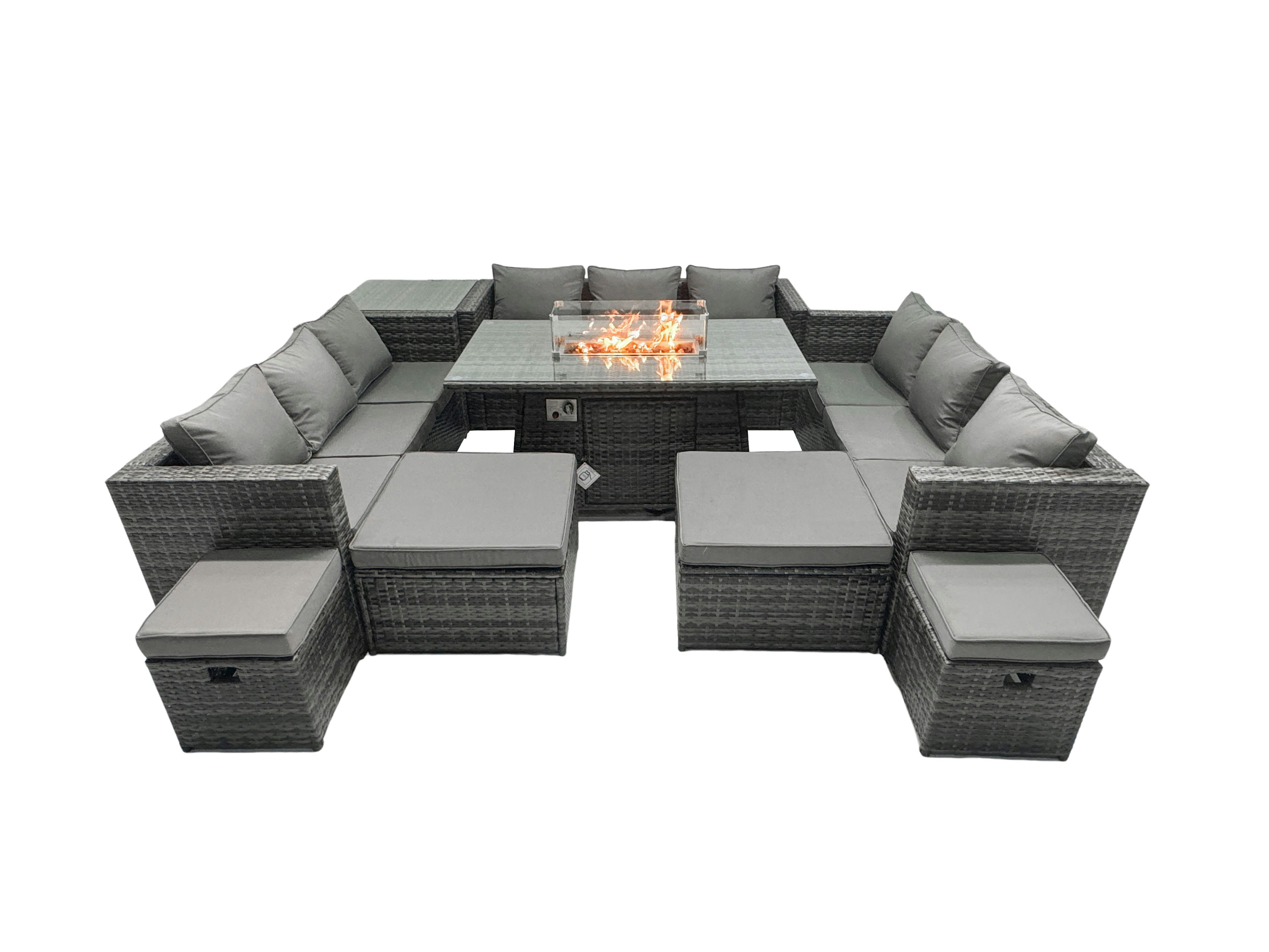 Rackhams Dark/Grey Rattan Garden Furniture Firepit Dining Set Seater Lounge Sofa Firepit Dining Table Set With 4 Footstools Side Tables Size 13