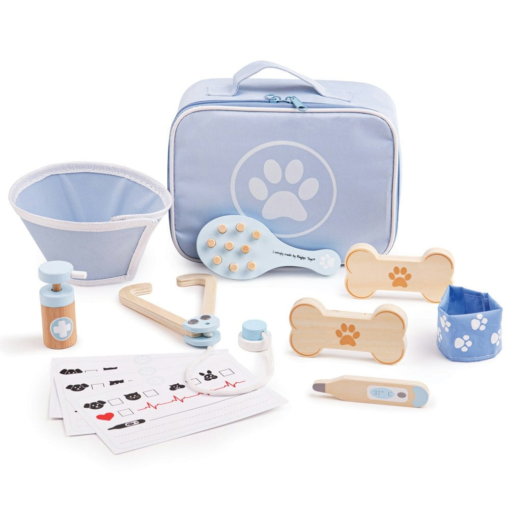 Bigjigs Toys Light/Purple Wooden Veterinary Set - Includes A Carry Case And 12 Play Pieces