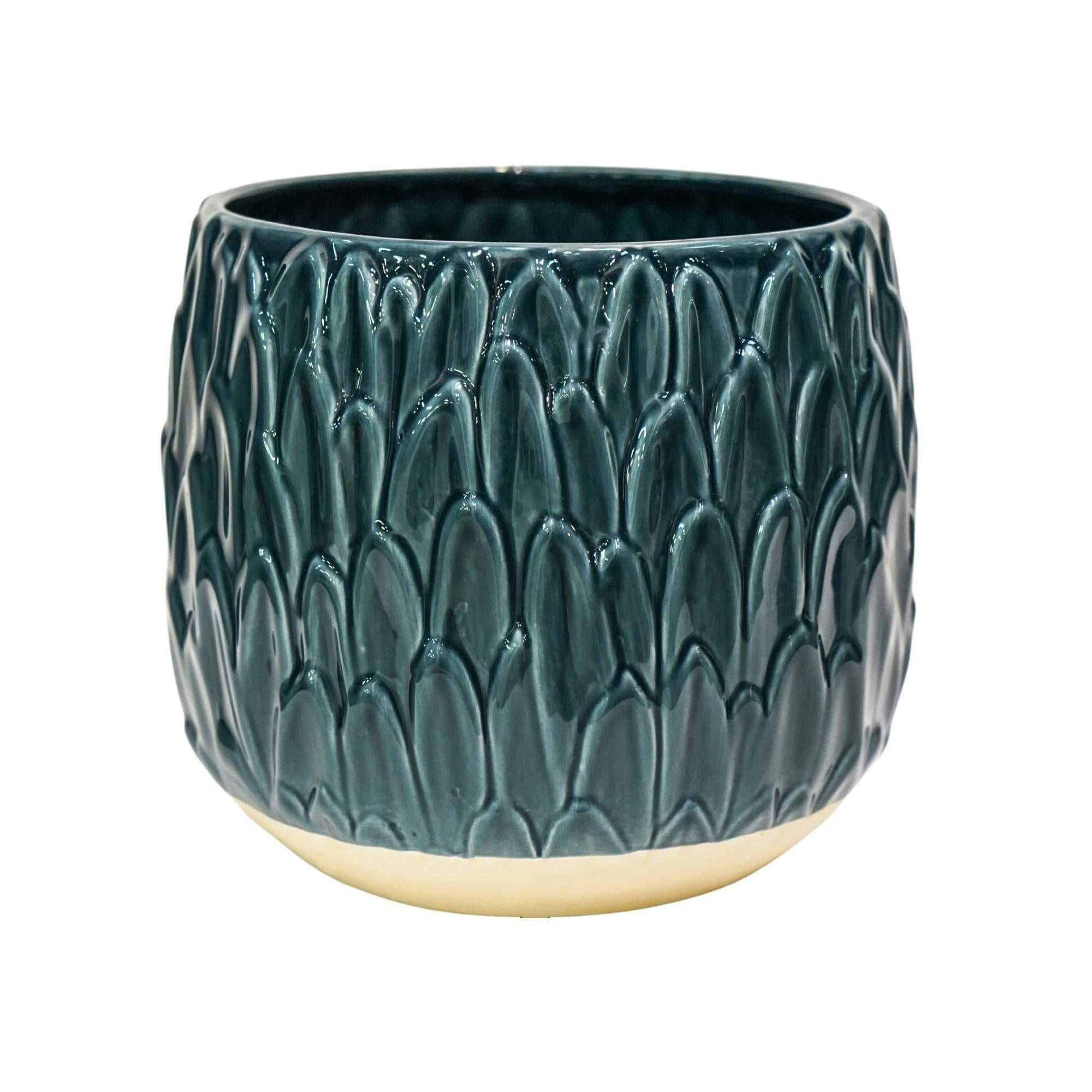 Rackhams White Arles Leaf Embossed Planter - Teal - 14Cm