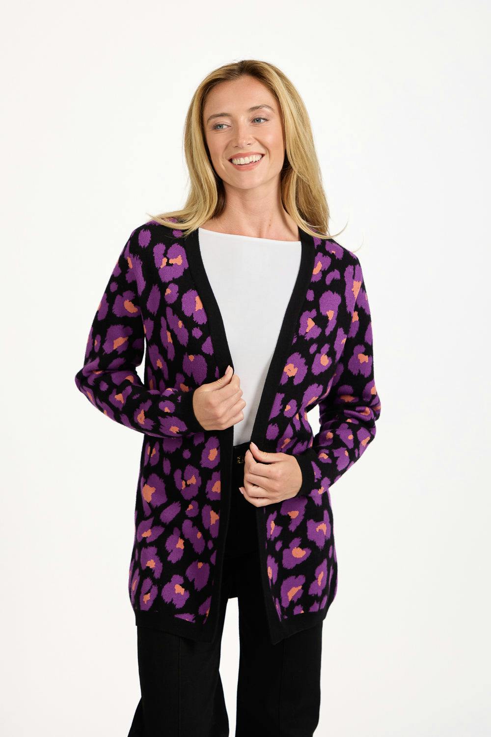 Mudflower Purple Jacquard Leopard Print Knit Cardigan - 12