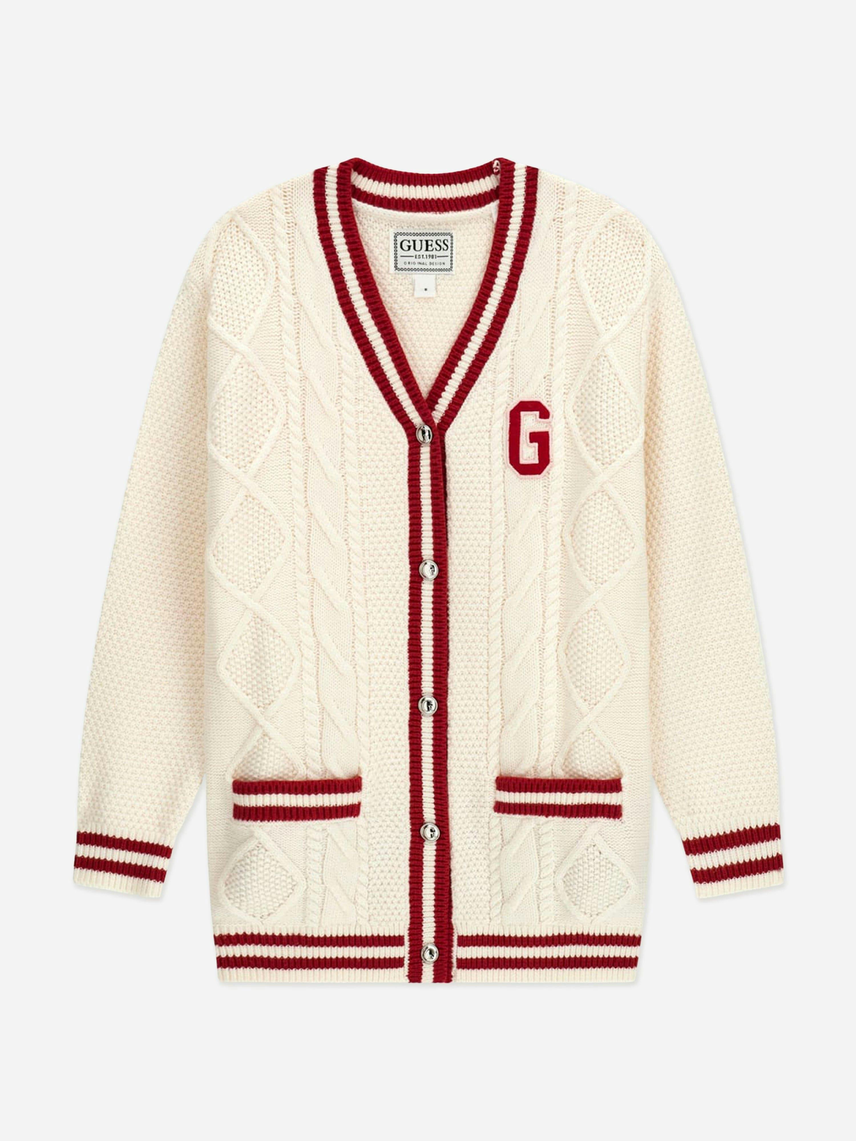 Guess Girls Ivory Logo Knitted Cardigan In - 14 Yrs
