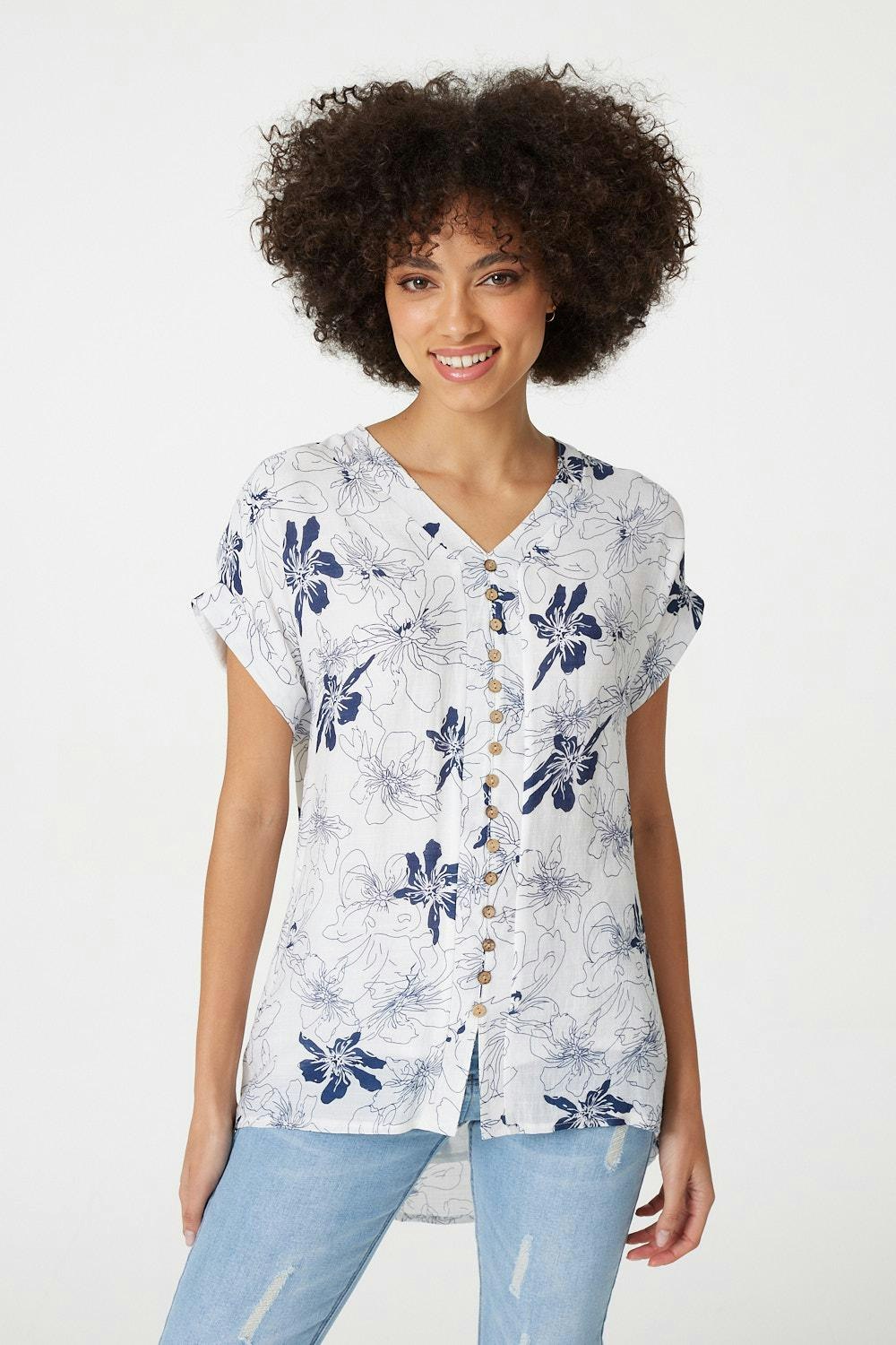 Izabel London White Floral Button Front Detail Blouse - Navy Size 12