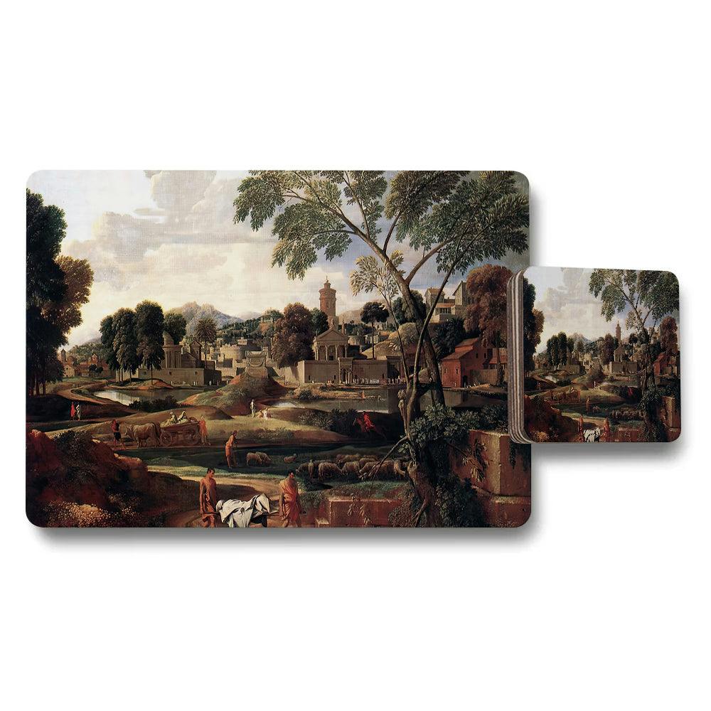 Rackhams Vintage Landscape Placemat And Coaster Set With Riverside Town Scene