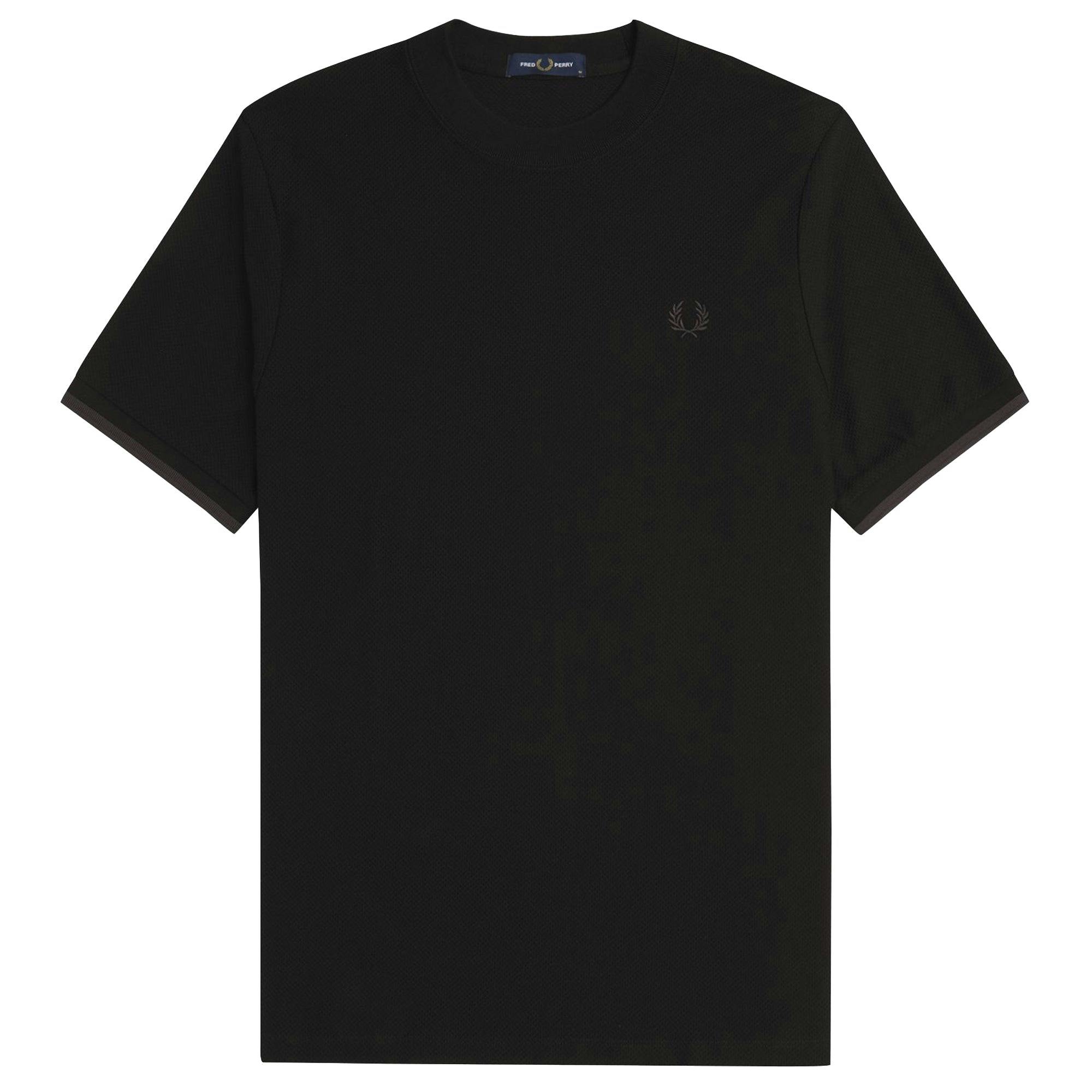 Fred Perry Black/Green Tipped Cuff Honeycomb Pique T-Shirt - /Court - Medium