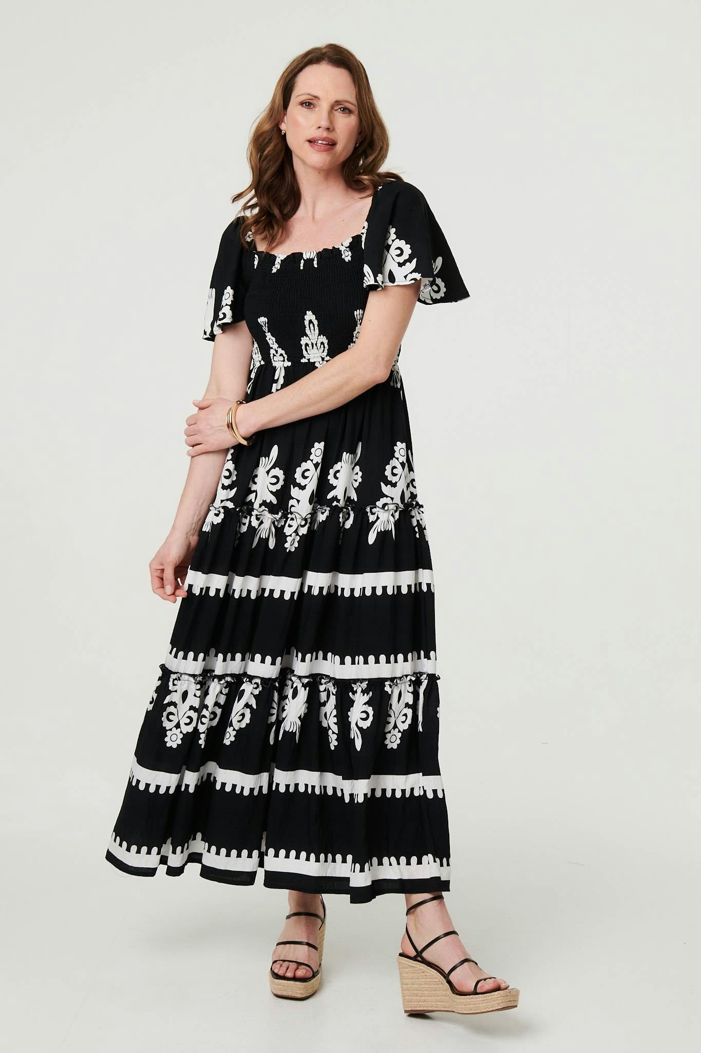 Izabel London Black Ikat Print Short Angel Sleeve Maxi Dress - 10