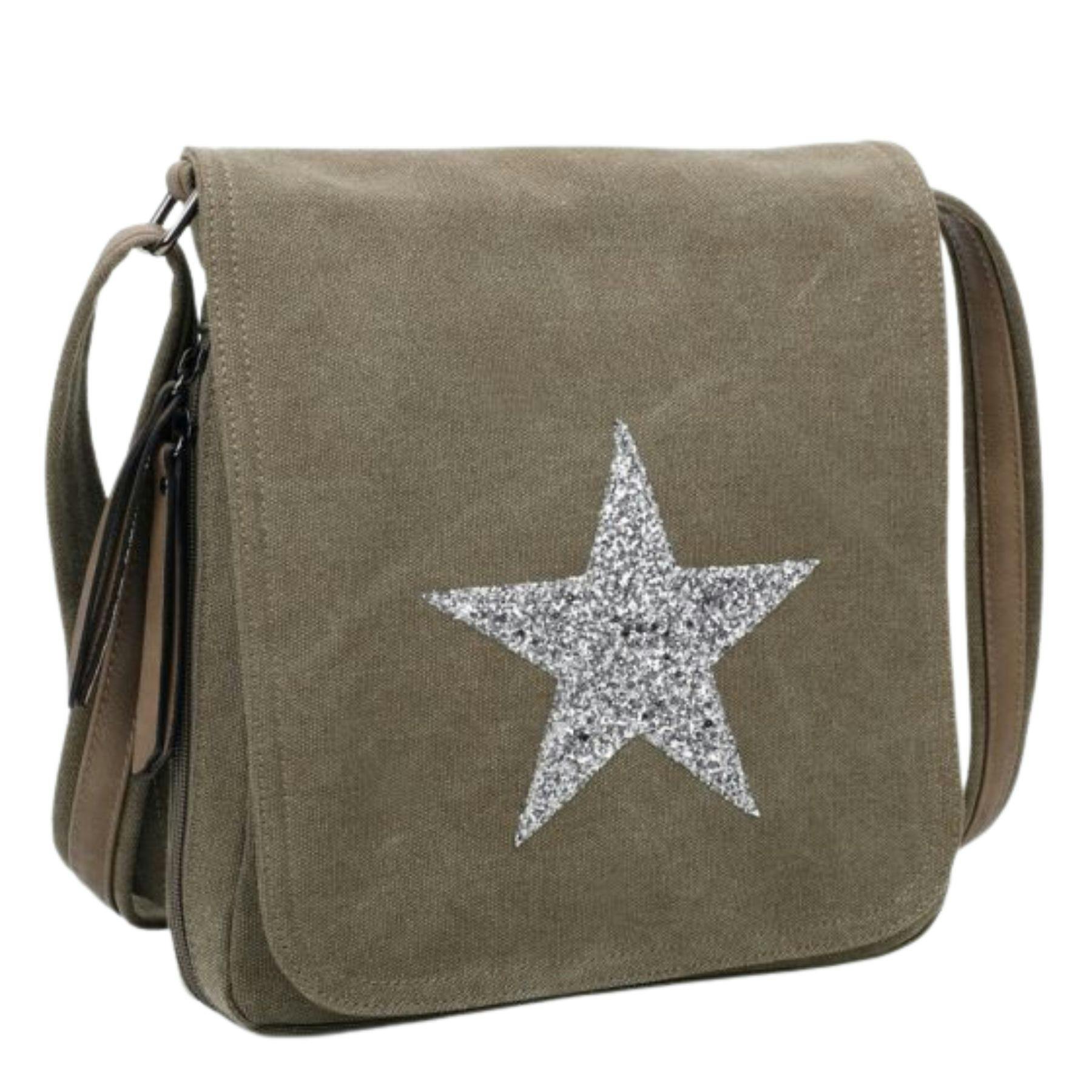 Love Emvy Silver Staremvy Glitter Star Canvas Flapover Satchel - One Size - Canvas - Olive