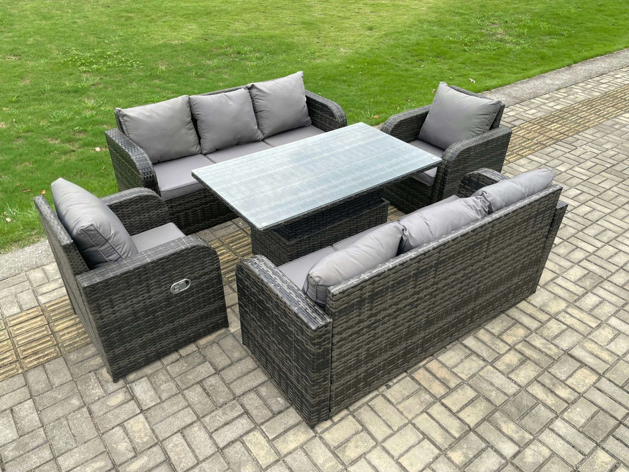 Rackhams Dark/Grey Seater Pe Rattan Outdoor Garden Furniture Sets Height Adjustable Rising Lifting Diningtable Sofa Set With Reclining Chair Mixed Size 8