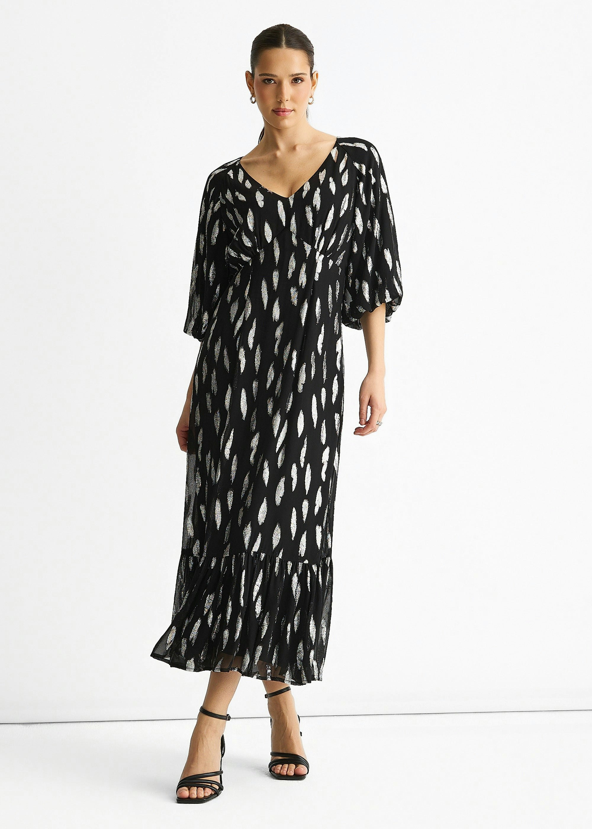 Gini London Black Viscose Clipped Balloon Sleeve Maxi Dress - Uk 8 / Us 4 / Eu 36