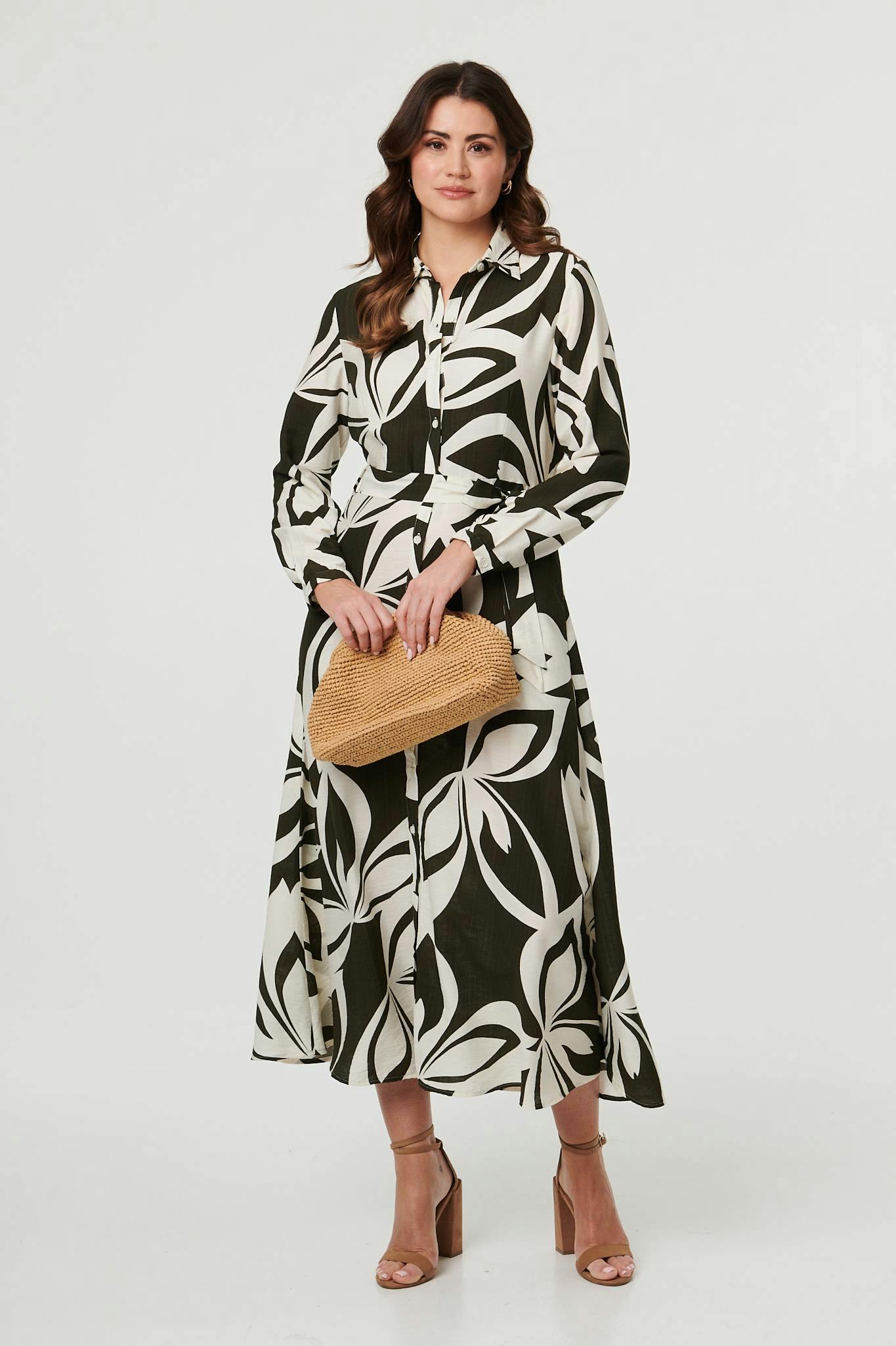 Izabel London Abstract Floral Maxi Shirt Dress - 10 - Khaki