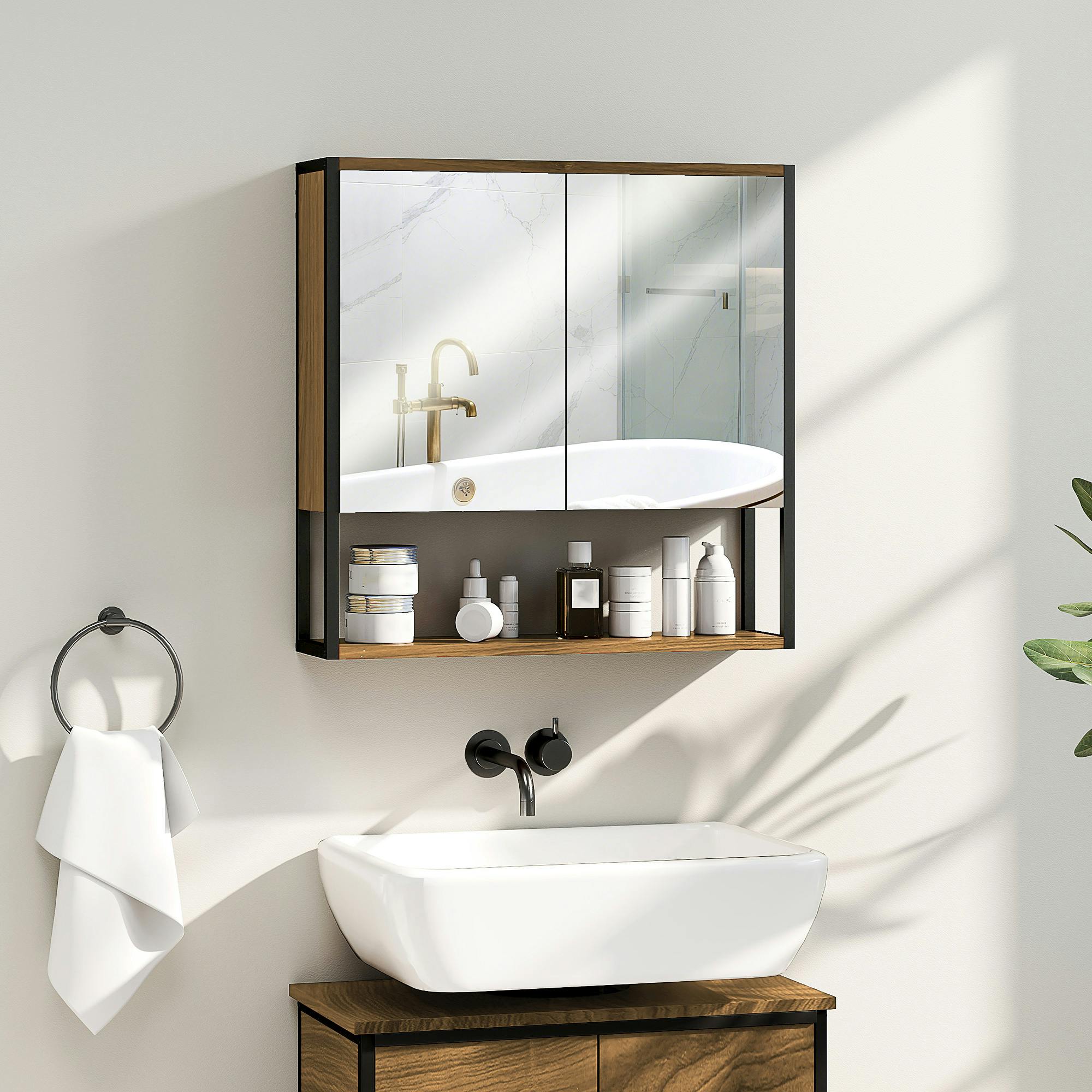 Rackhams White Industrial Bathroom Cabinet With 2 Mirrored Doors Open Shelf,