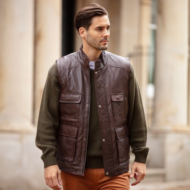 Ashwood Brown 'Enzo' Leather Utility Vest With Multiple Pockets: Friends - 5XL - Leather