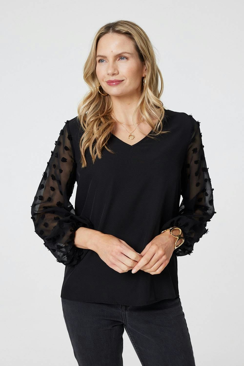 Izabel London Black Polka Dot Semi Sheer V-Neck Blouse - 12