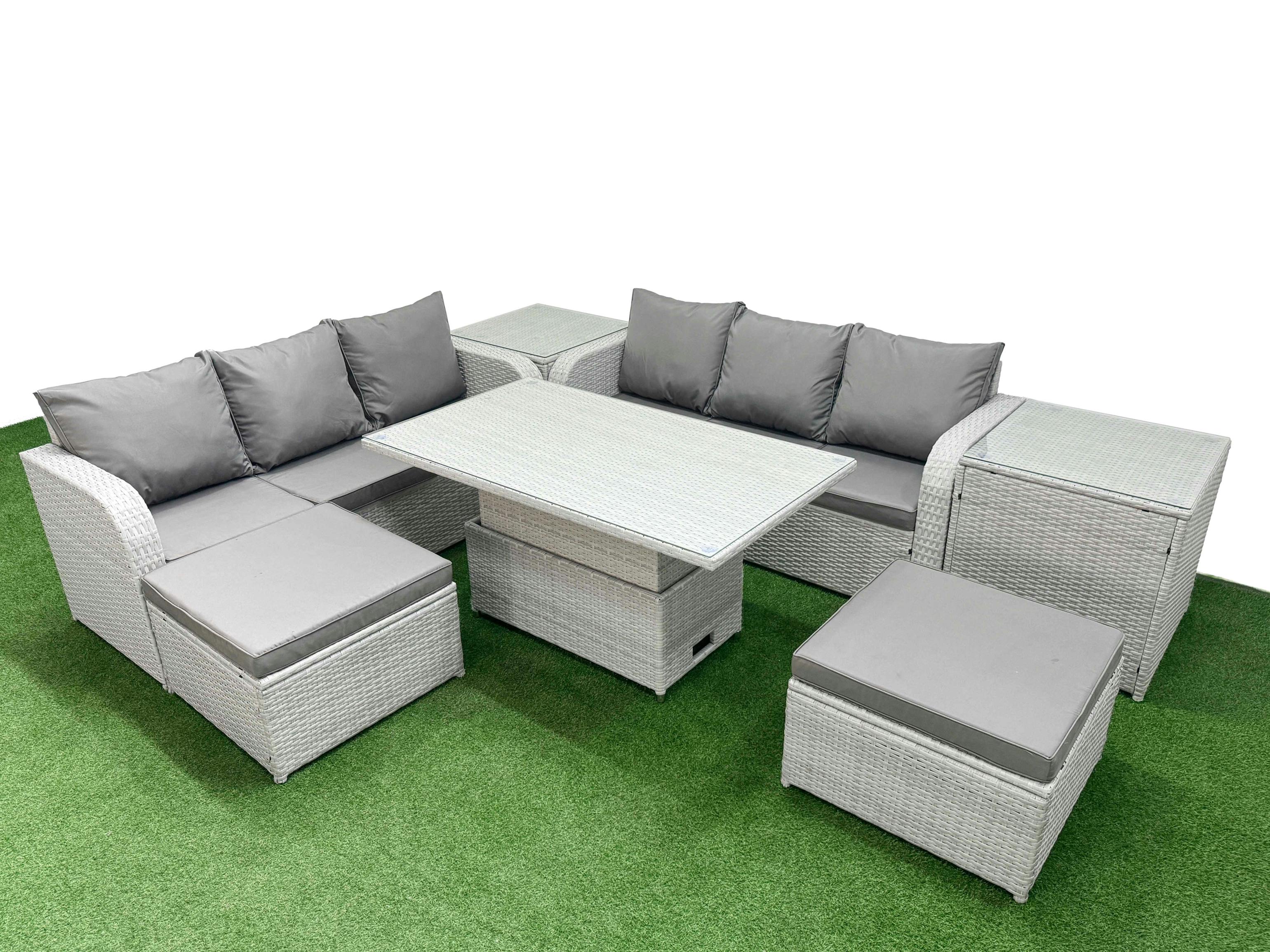 Fimous Light/Grey 8 Seater Outdoor Furniture Set, Rattan Garden, Adj Height Table, High Back Sofa, 2 Big Footstools And 2 Side Tables,