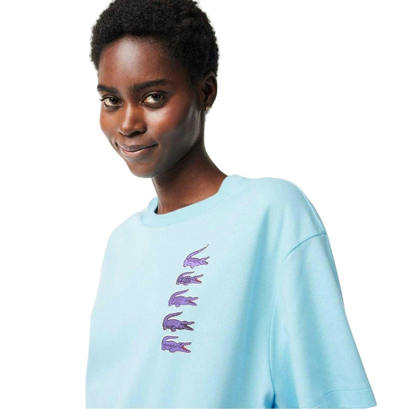 Lacoste Women's Blue Crocodile Print Oversized T-Shirt - 6 Uk - 100% Cotton