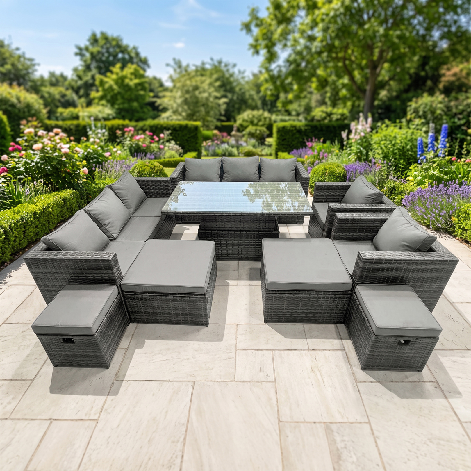 Fimous Dark/Grey Rattan Dining Table Sofa Set With 2 Armchair 4 Stools Outdoor 12 Seat Garden Furniture Set Mixed
