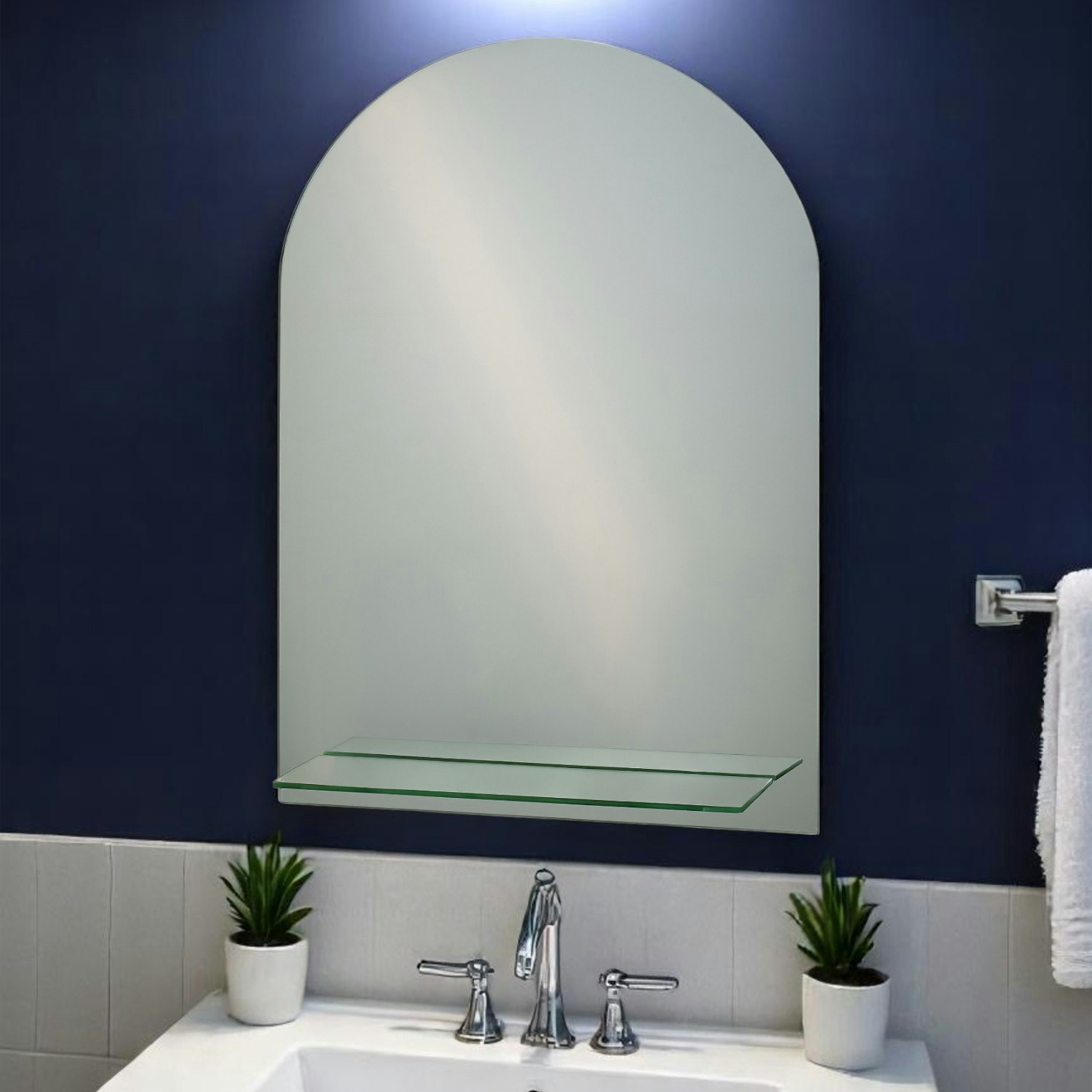 Rackhams Greenwich Arched Oval Wall Mounted Frameless Bathroom Mirror With Vanity Shelf 70 X 50Cm