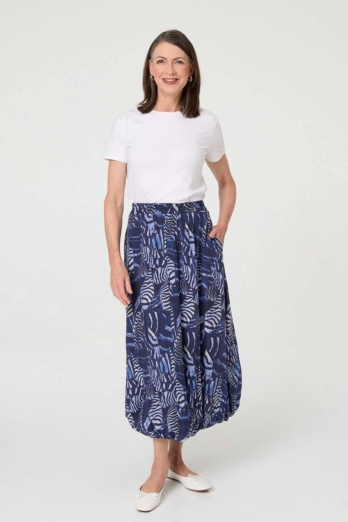Izabel London Printed High Waist Midi Balloon Skirt - 10 - Navy