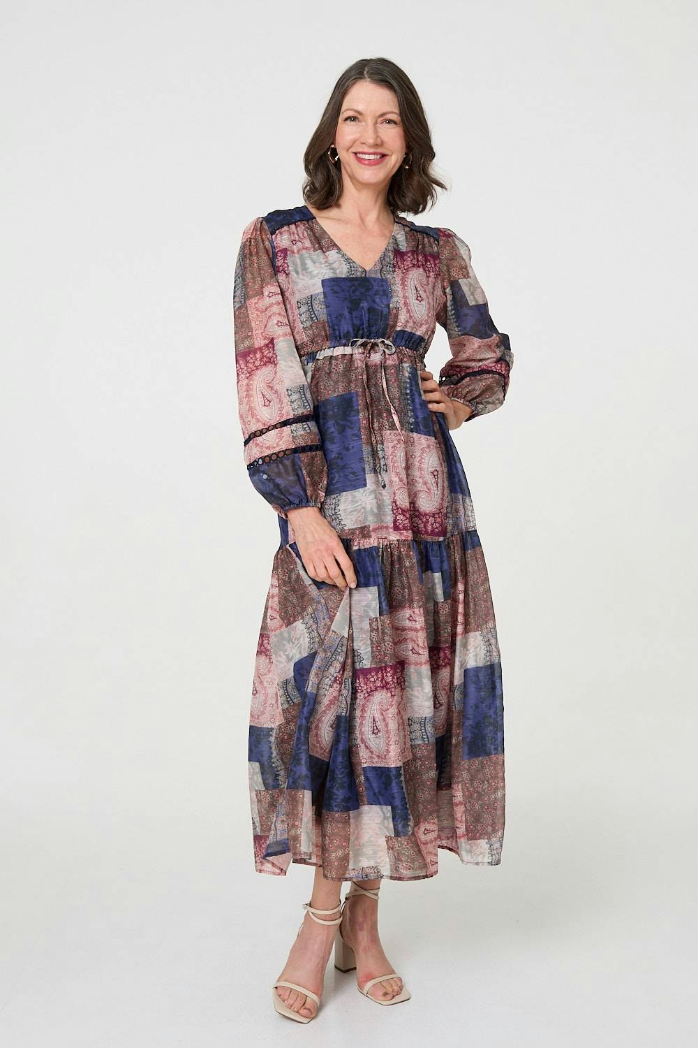 Izabel London Women's Blue Patchwork Print Empire V-Neck Maxi Dress - Navy - 8