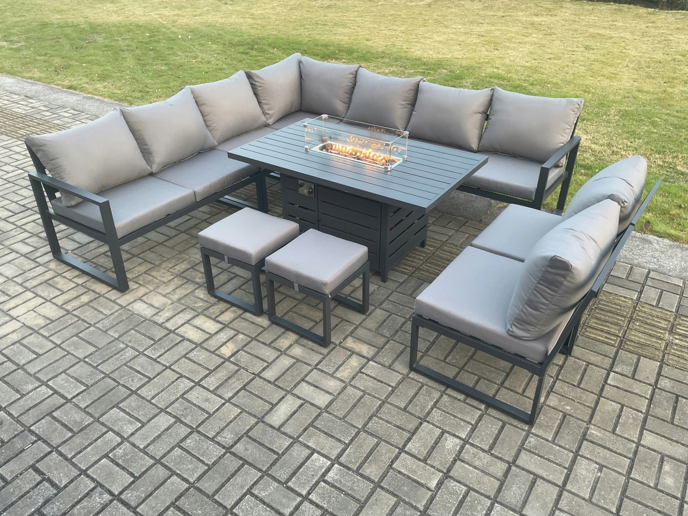 Rackhams Dark/Grey Aluminium 11 Seater Lounge Corner Sofa Outdoor Garden Furniture Sets Gas Fire Pit Dining Table Set With 2 Small Footstools
