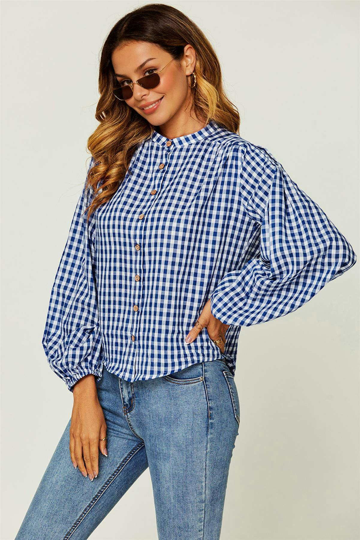 Fs Collection Blue Gingham Print Band Collar Blouse Top In - S
