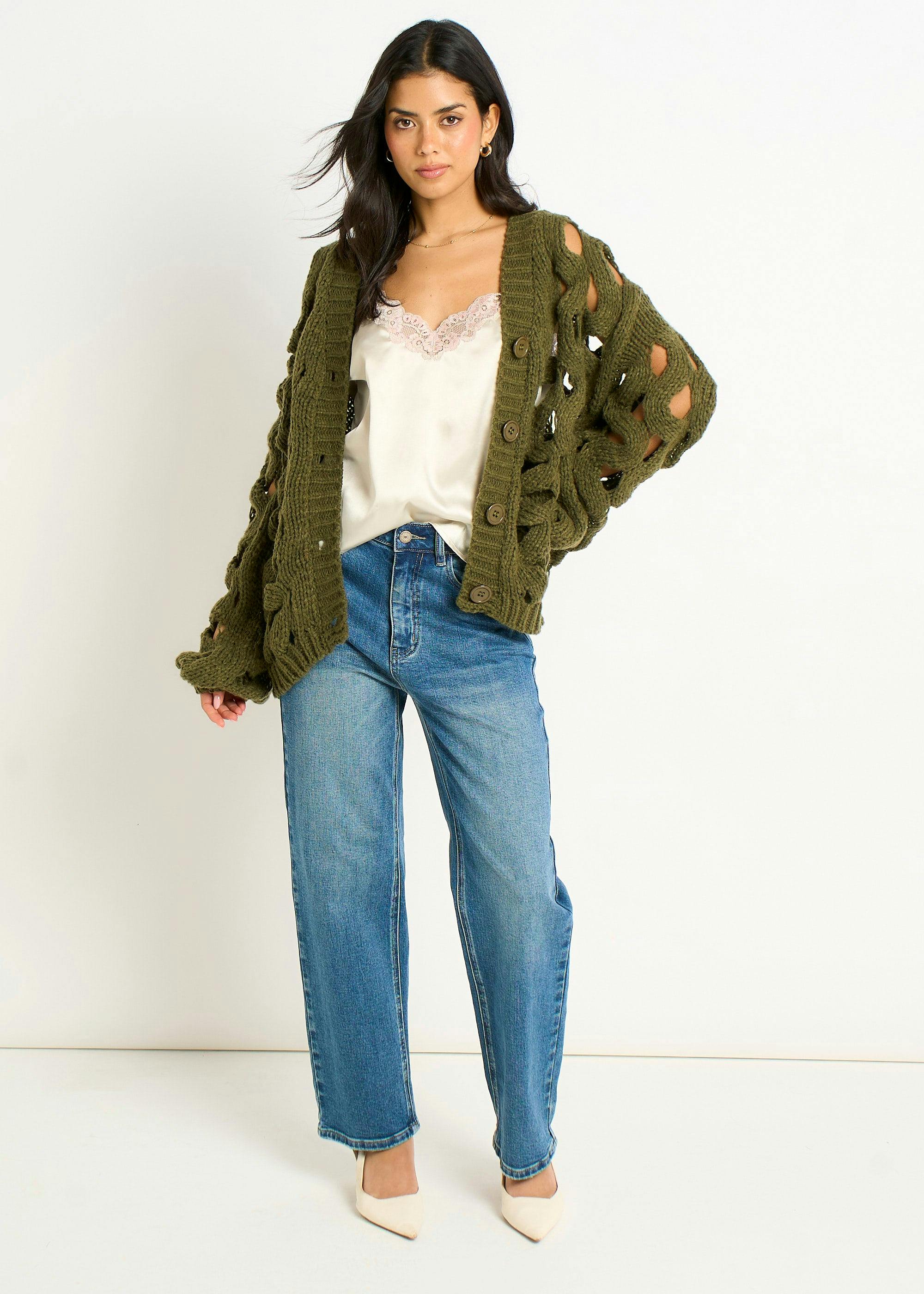 Gini London Khaki Hollow Chunky Knit Cardigan - S-M (Uk 8-10/Us 4-6/Eu 36-38)