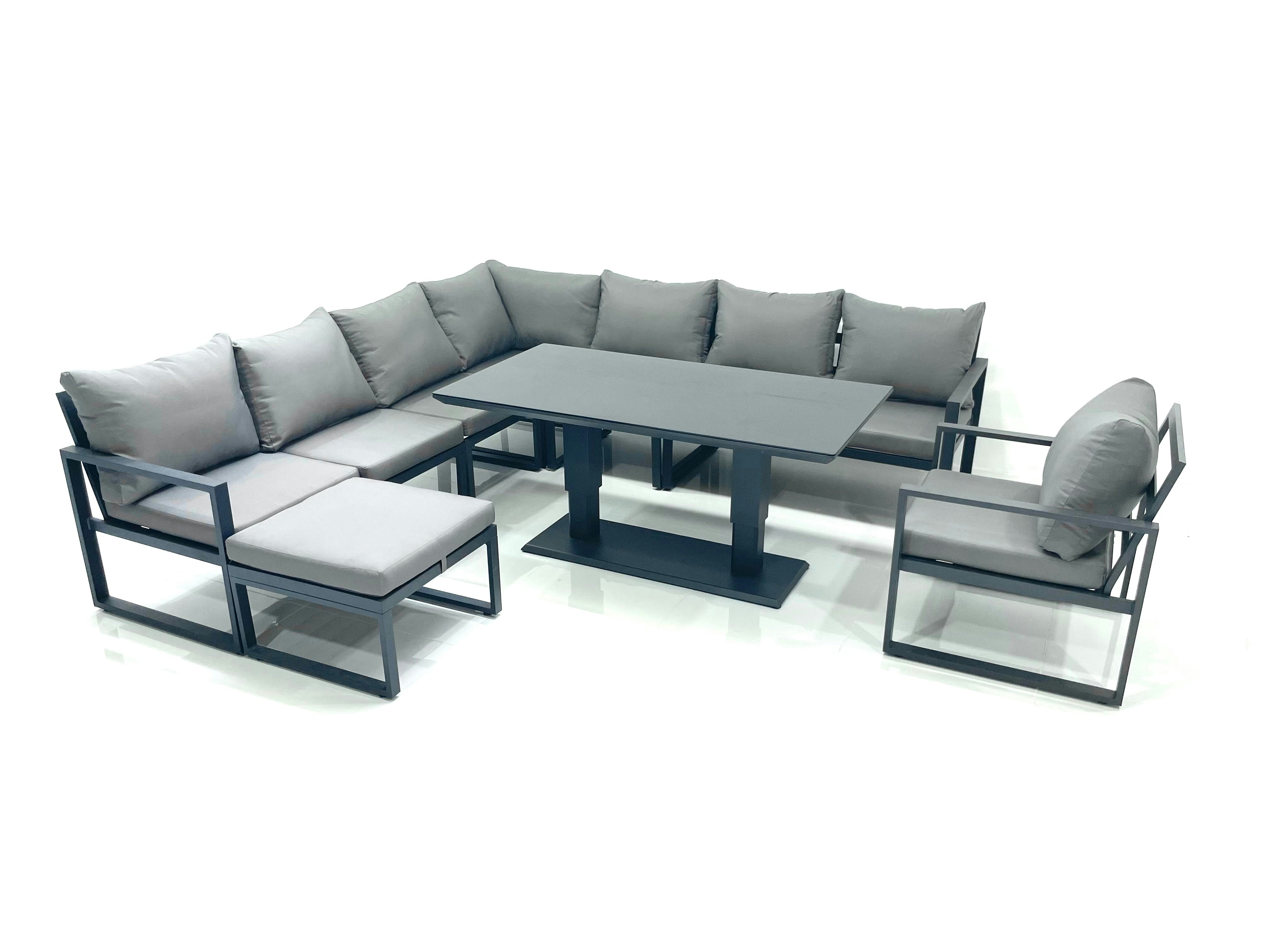 Fimous Dark/Grey 9 Seater Outdoor Aluminum Garden Furniture Set Corner Sofa Big Footstool Chair Adjustable Rising Lifting Dining Table Sets