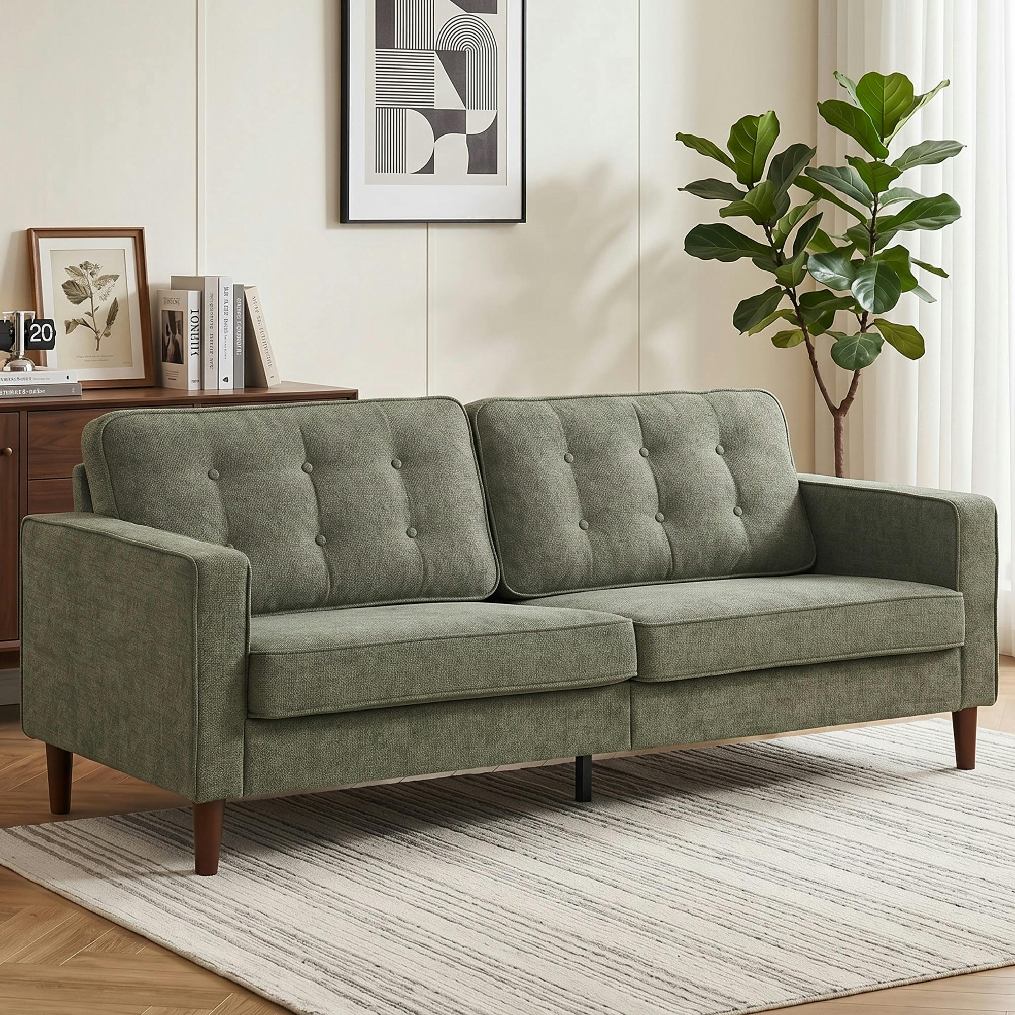 Rackhams Green 3 Seater Sofa With Button Tufting Wood Legs,