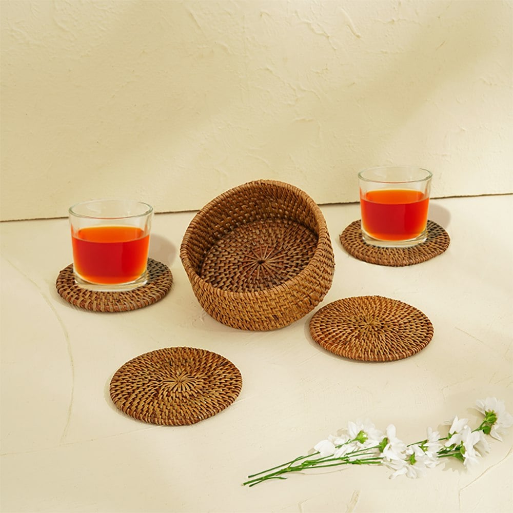 Rackhams Brown Round Rattan Coaster With Holder - Honey - Set 10