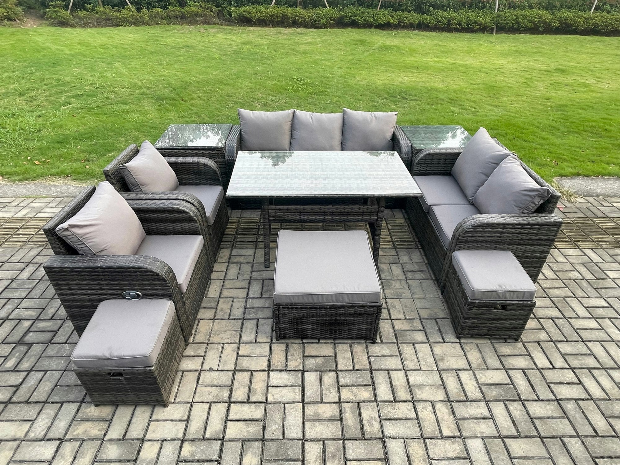 Rackhams Dark/Grey 10 Seater Garden Rattan Furniture Dining Table Sofa Set Indoor Outdoor With 2 Reclining Chairs 2 Side Tables 3 Footstools Mixed