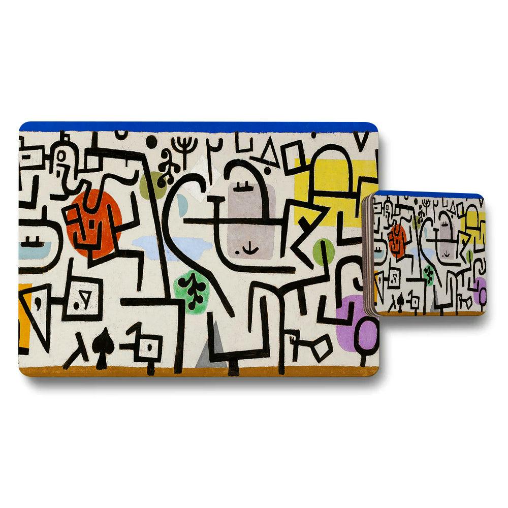 Benjamin Tate Design Black Abstract Doodle Placemat And Coaster Set Colorful Modern Art Design