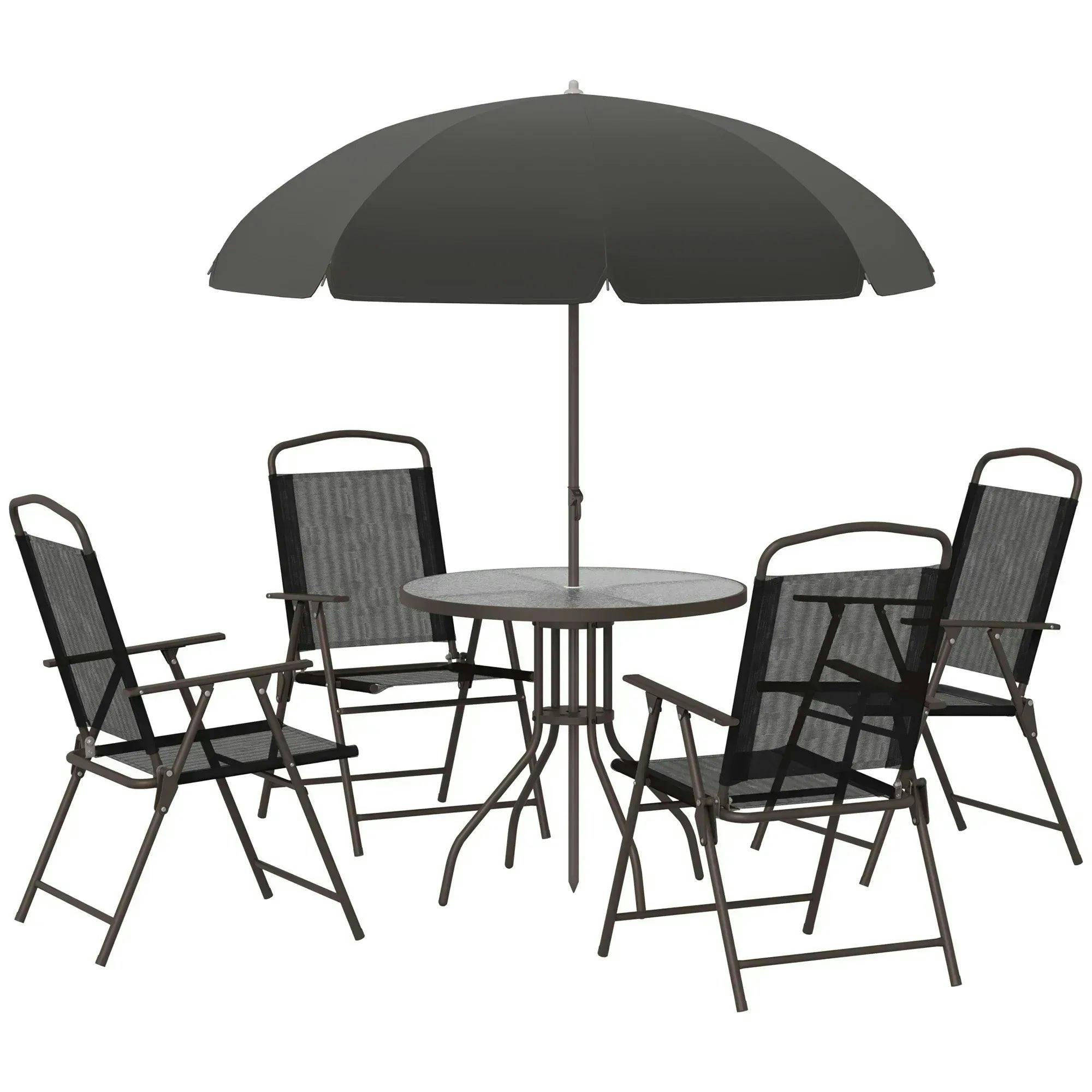 Outsunny 6pc Black Garden Dining Set - Outdoor Furniture w/ Folding Chairs, Table, Parasol - Metal Frame - Texteline Seats - 80cm Table - Image 9