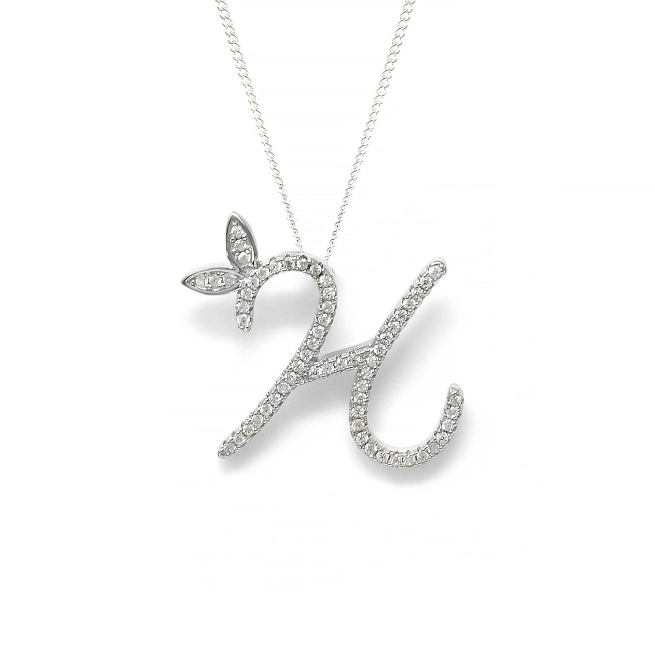 Say It With Silver 1 Inch Winged Full Cz Stones Initial Necklace - Sterling - H