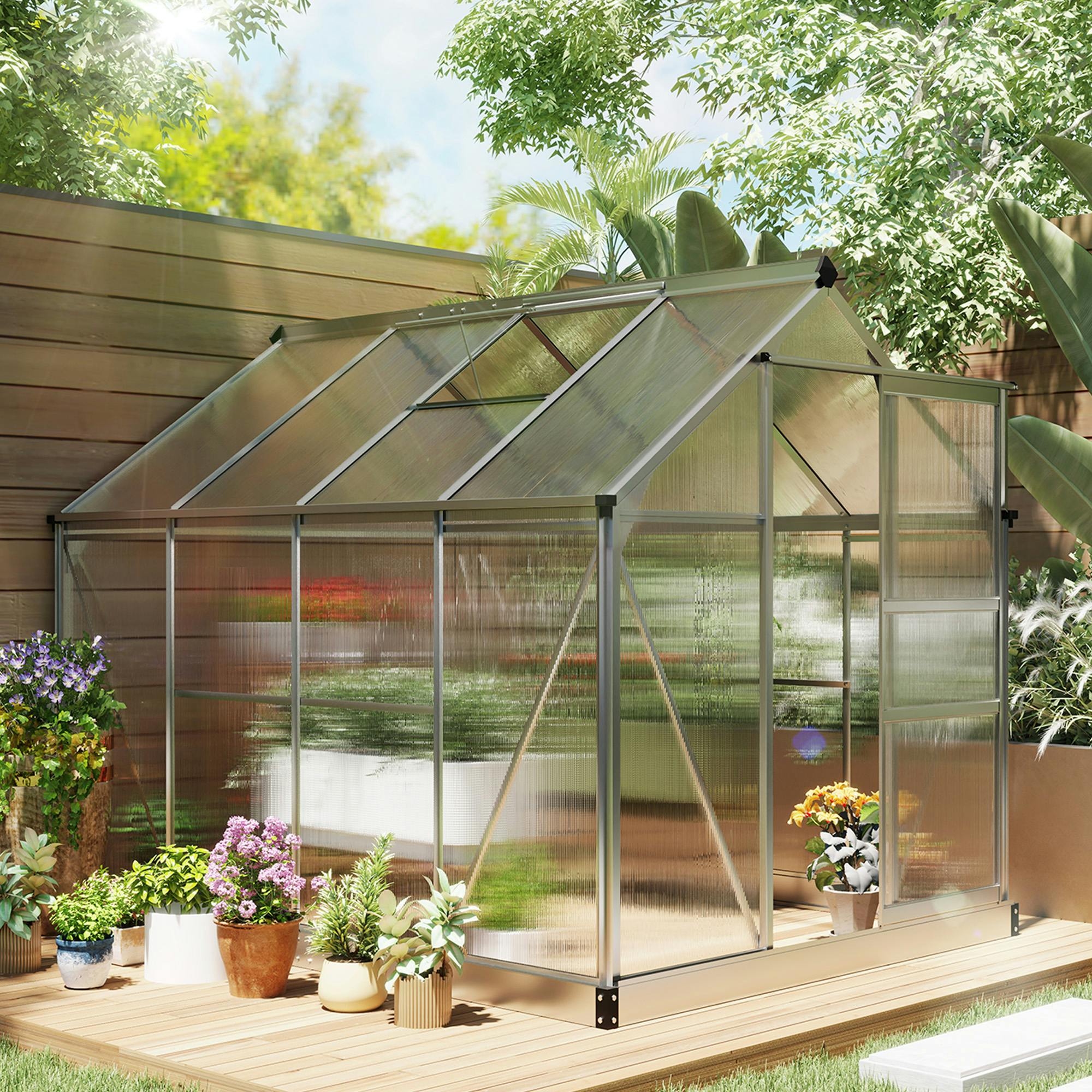 Rackhams Silver Walk-In Polycarbonate Greenhouse Plant Grow Galvanized Aluminium - 252L X 190W X 201H Cm