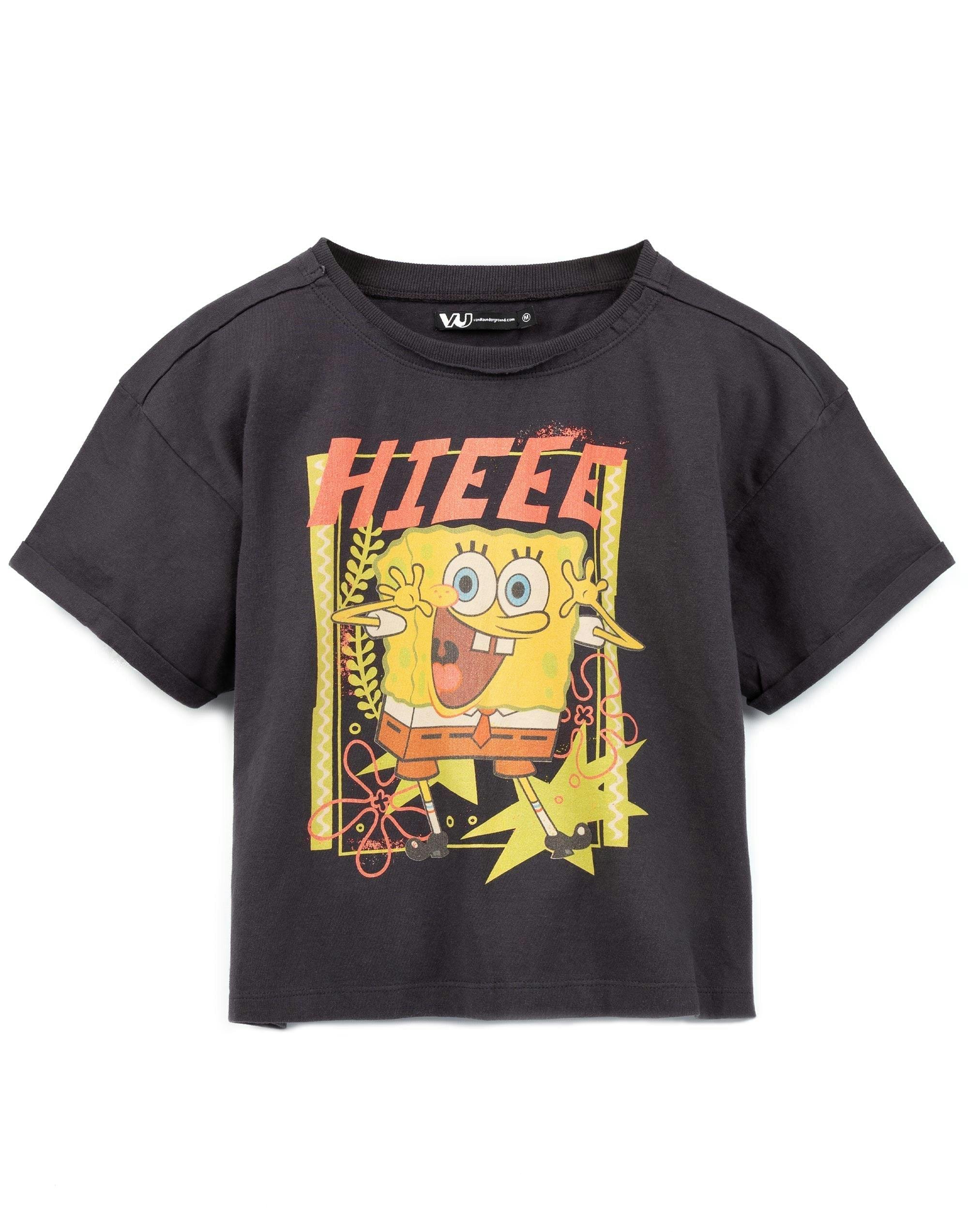 Vanilla Underground Women's Grey Spongebob Squarepants Character Cropped Short Sleeved T-Shirt - Medium