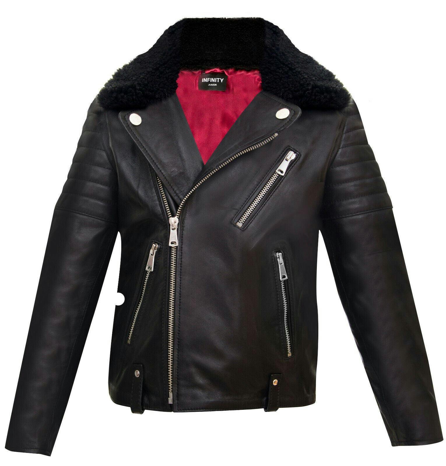 Infinity Leather Boys Black Kids Jackets 100% Leather Detachable Collar Biker Jackets (3-13 Years) - 3-4 Years