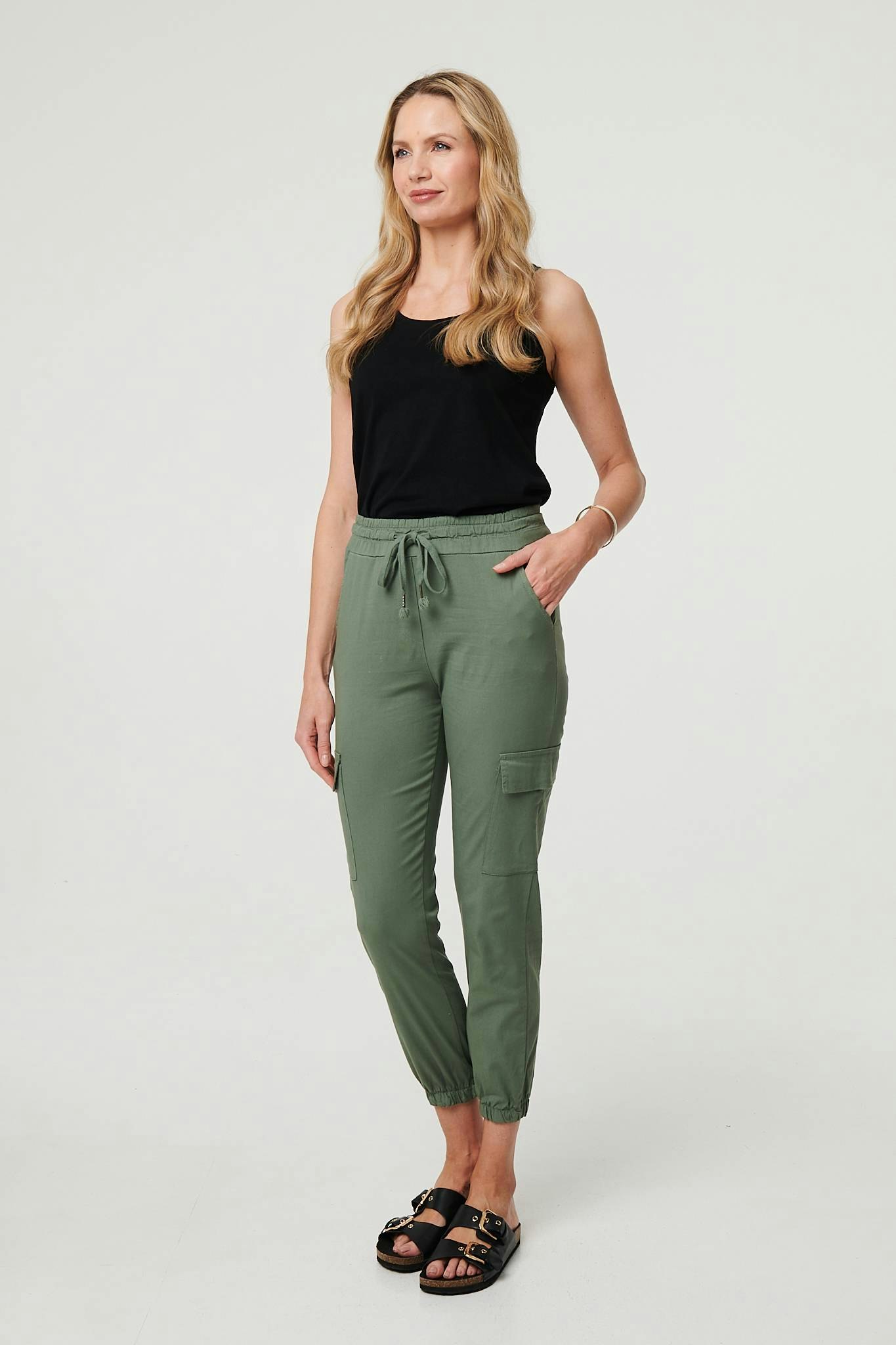 Izabel London High Waist Slim Fit Cropped Cargo Pants - Khaki - Xxl