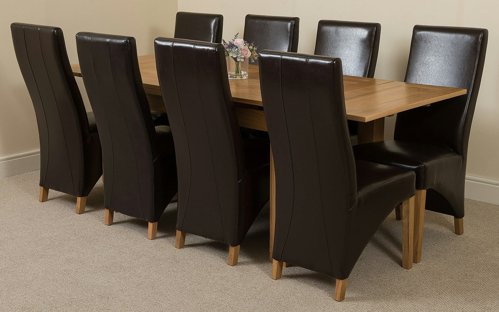 Rackhams Brown Richmond Medium Oak Extendable Dining Table With Lola Leather Chairs - 8 Chairs