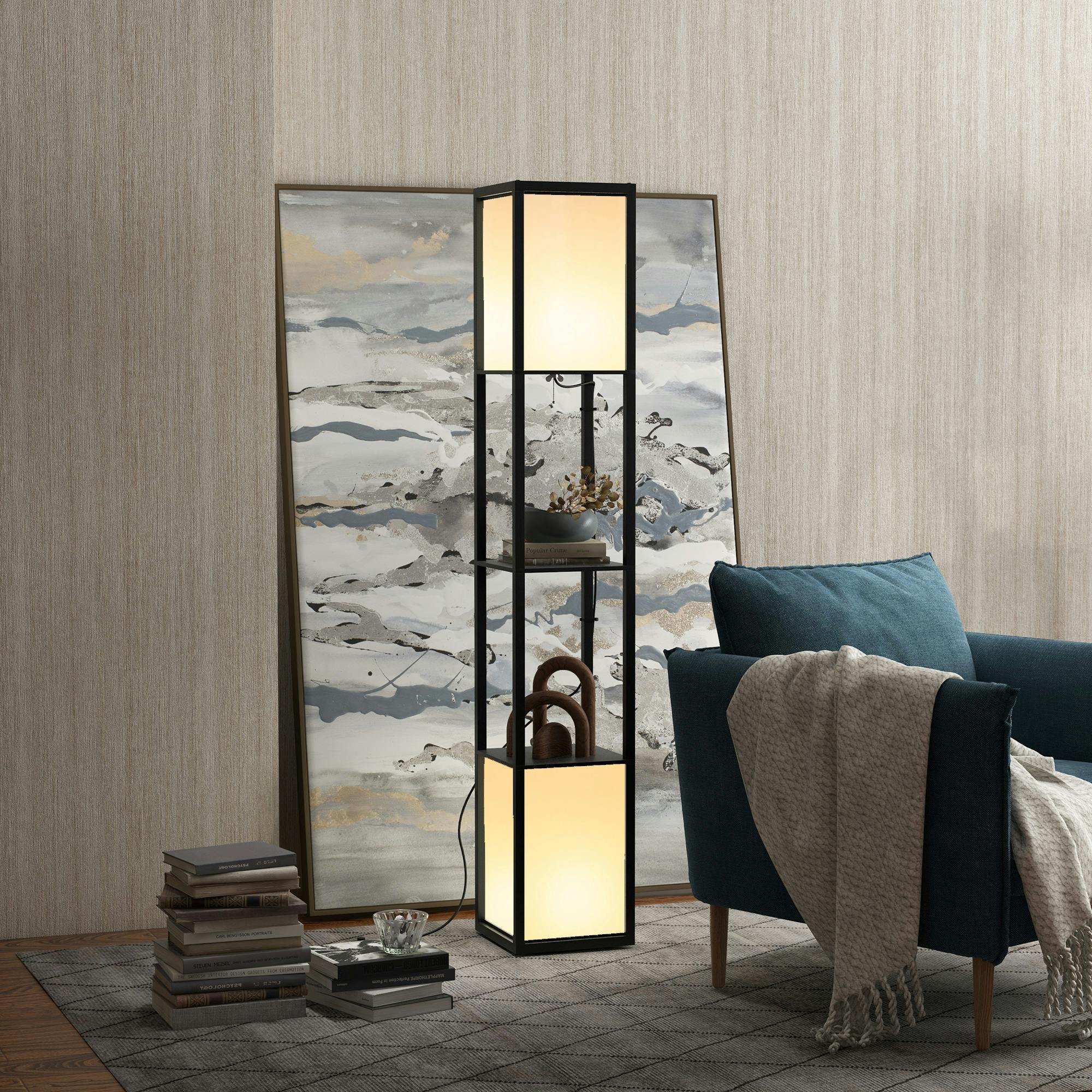 Rackhams Light/Black Shelf Floor Lamp With Dual For Living Room